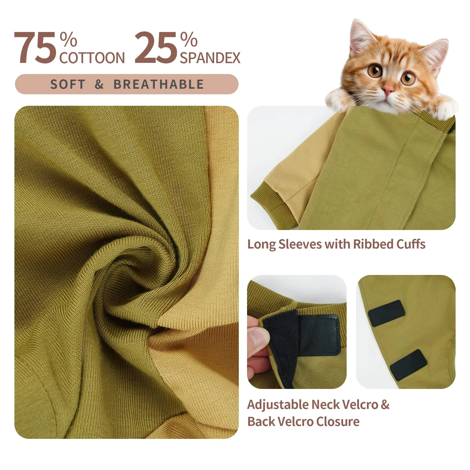Body Gatto Post Operatorio con Maniche, Tutina Post Sterilizzazione Cotone, Chiusura a Strappo Regolabile, Alternativa al Collare Elisabettiano, Anti-Leccamento per Ferite Addominali, Verde salvia M - immagine 3
