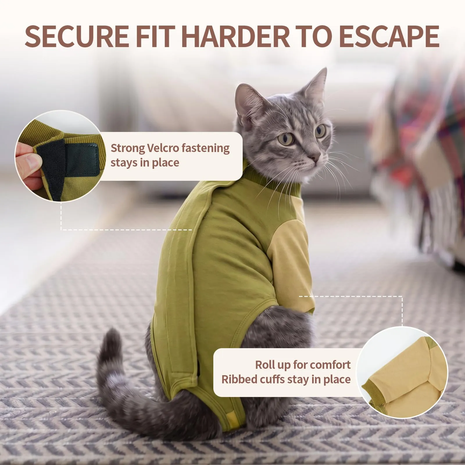 Body Gatto Post Operatorio con Maniche, Tutina Post Sterilizzazione Cotone, Chiusura a Strappo Regolabile, Alternativa al Collare Elisabettiano, Anti-Leccamento per Ferite Addominali, Verde salvia M - immagine 6