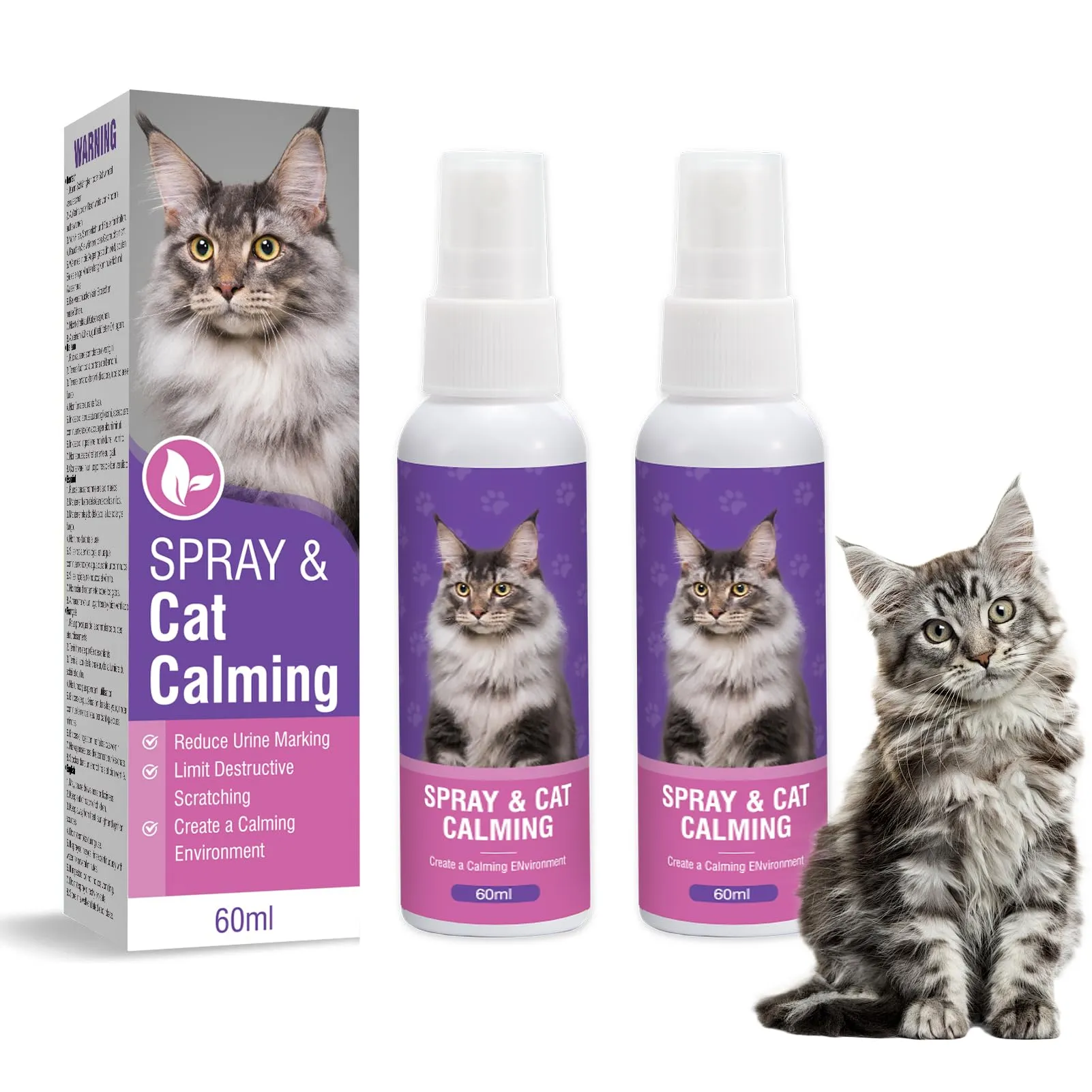 Piuess 60ml*2 Pezzi Feromoni Gatto Spray Tranquillante per Gatti Calmante Agitati Viaggio Antistress Kit Rilassante Repellente Irrequieti Felini Rilassanti E Tranquillanti Spray Calmante Insapore - immagine 1
