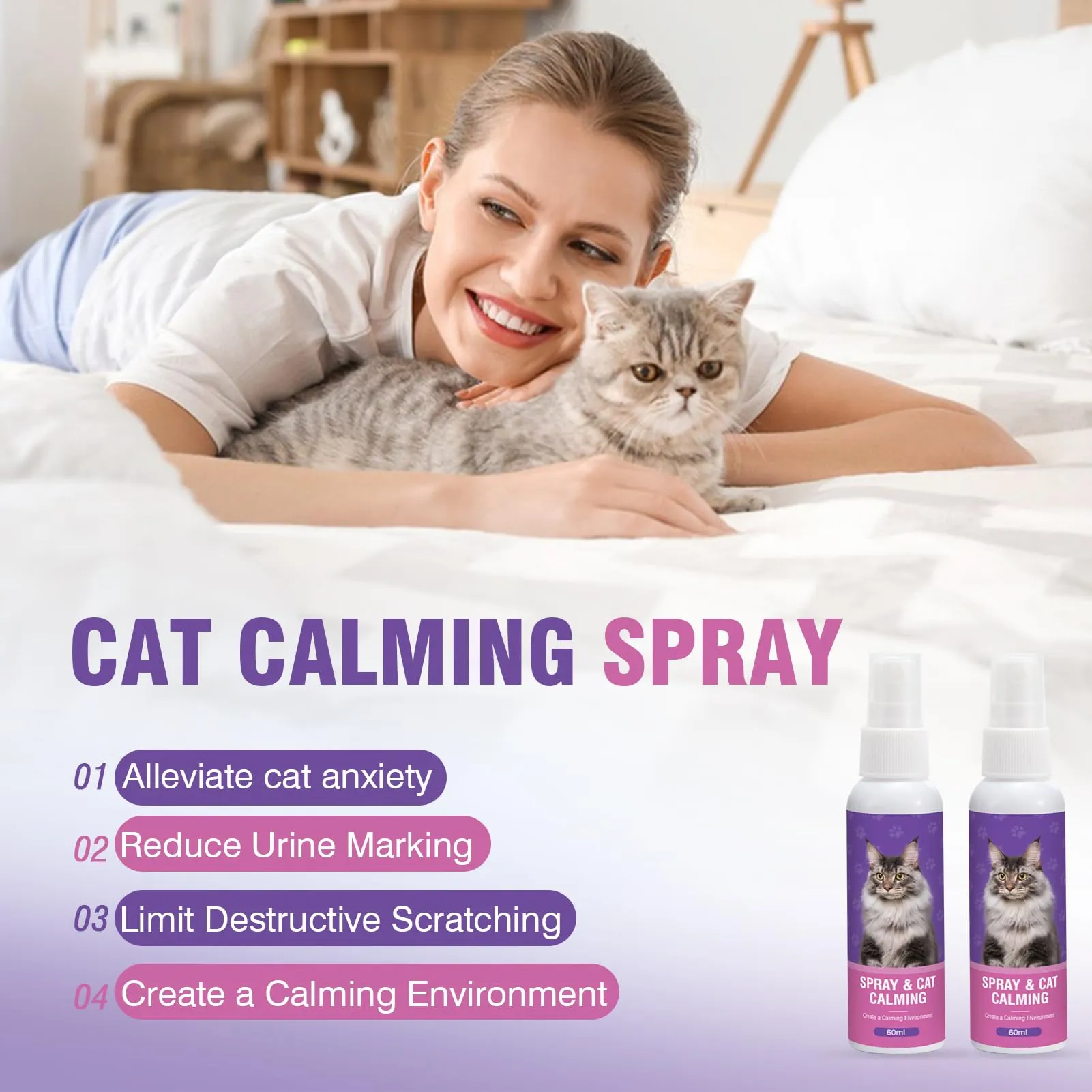 Piuess 60ml*2 Pezzi Feromoni Gatto Spray Tranquillante per Gatti Calmante Agitati Viaggio Antistress Kit Rilassante Repellente Irrequieti Felini Rilassanti E Tranquillanti Spray Calmante Insapore - immagine 2