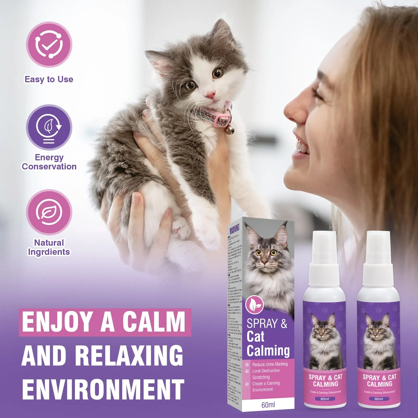 Piuess 60ml*2 Pezzi Feromoni Gatto Spray Tranquillante per Gatti Calmante Agitati Viaggio Antistress Kit Rilassante Repellente Irrequieti Felini Rilassanti E Tranquillanti Spray Calmante Insapore - immagine 4