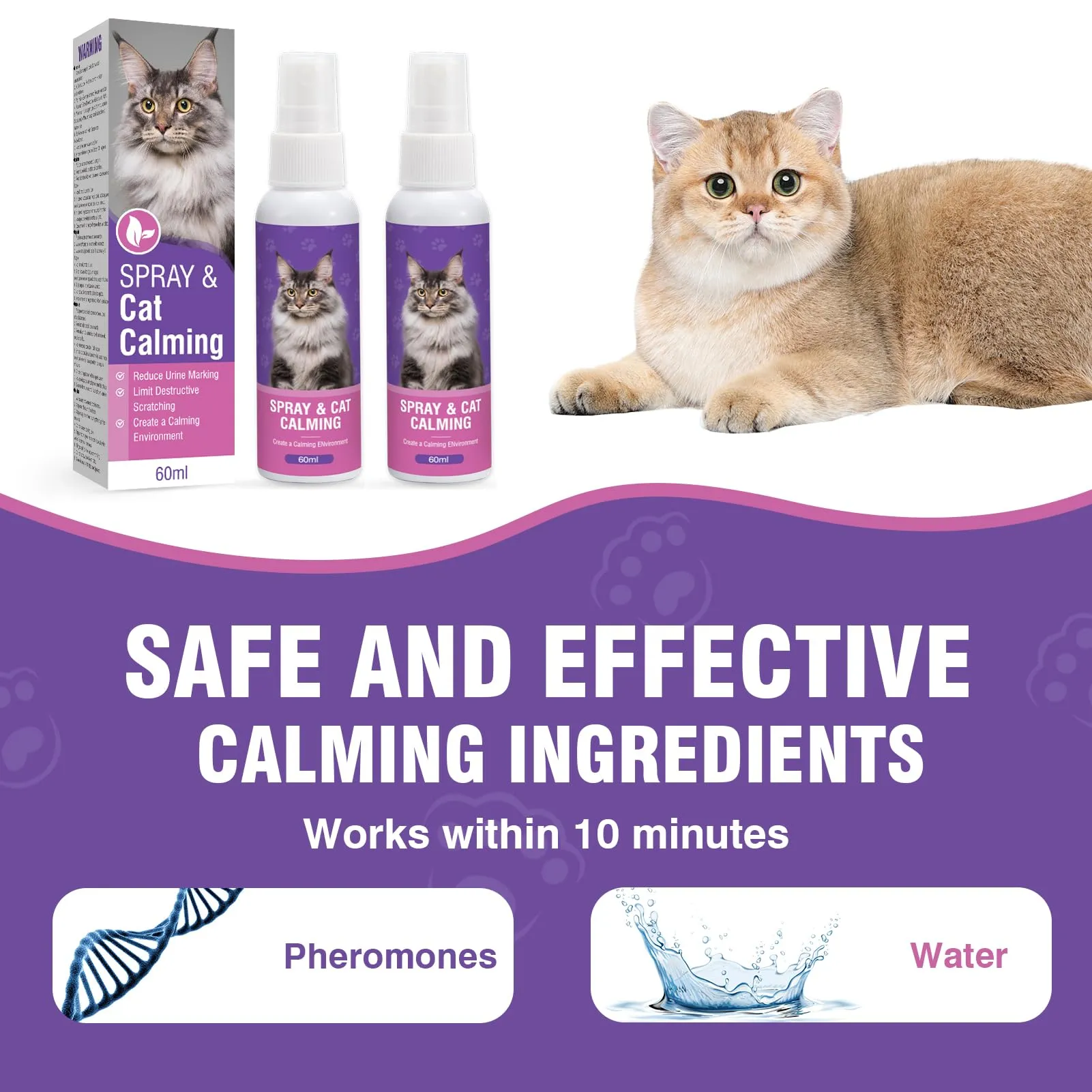 Piuess 60ml*2 Pezzi Feromoni Gatto Spray Tranquillante per Gatti Calmante Agitati Viaggio Antistress Kit Rilassante Repellente Irrequieti Felini Rilassanti E Tranquillanti Spray Calmante Insapore - immagine 5
