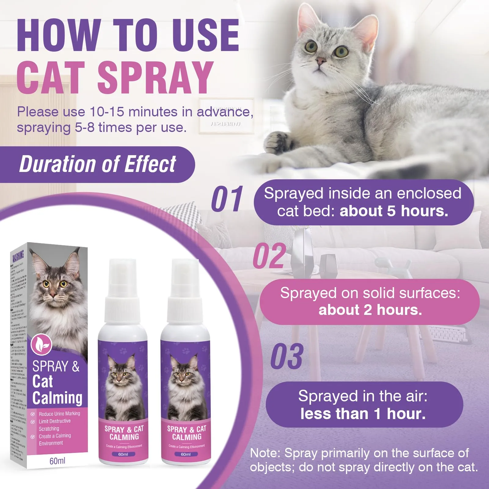 Piuess 60ml*2 Pezzi Feromoni Gatto Spray Tranquillante per Gatti Calmante Agitati Viaggio Antistress Kit Rilassante Repellente Irrequieti Felini Rilassanti E Tranquillanti Spray Calmante Insapore - immagine 7