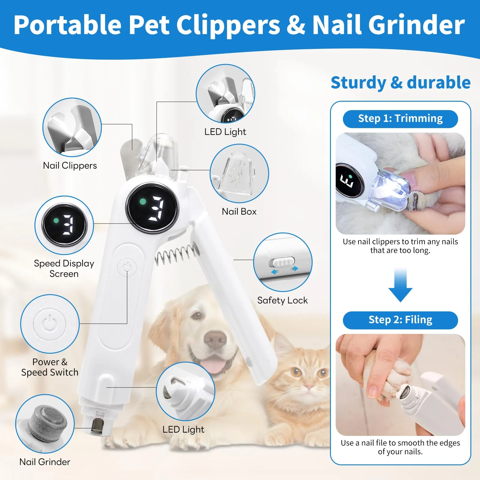 Criveple Tagliaunghie 2 in 1 per Cani, con Luce LED e Lima per Unghie, Silenzioso, 3 Livelli di Regolazione, Dotato di Contenitore per i residui, Gatti e Altri Animali Domestici - immagine 6