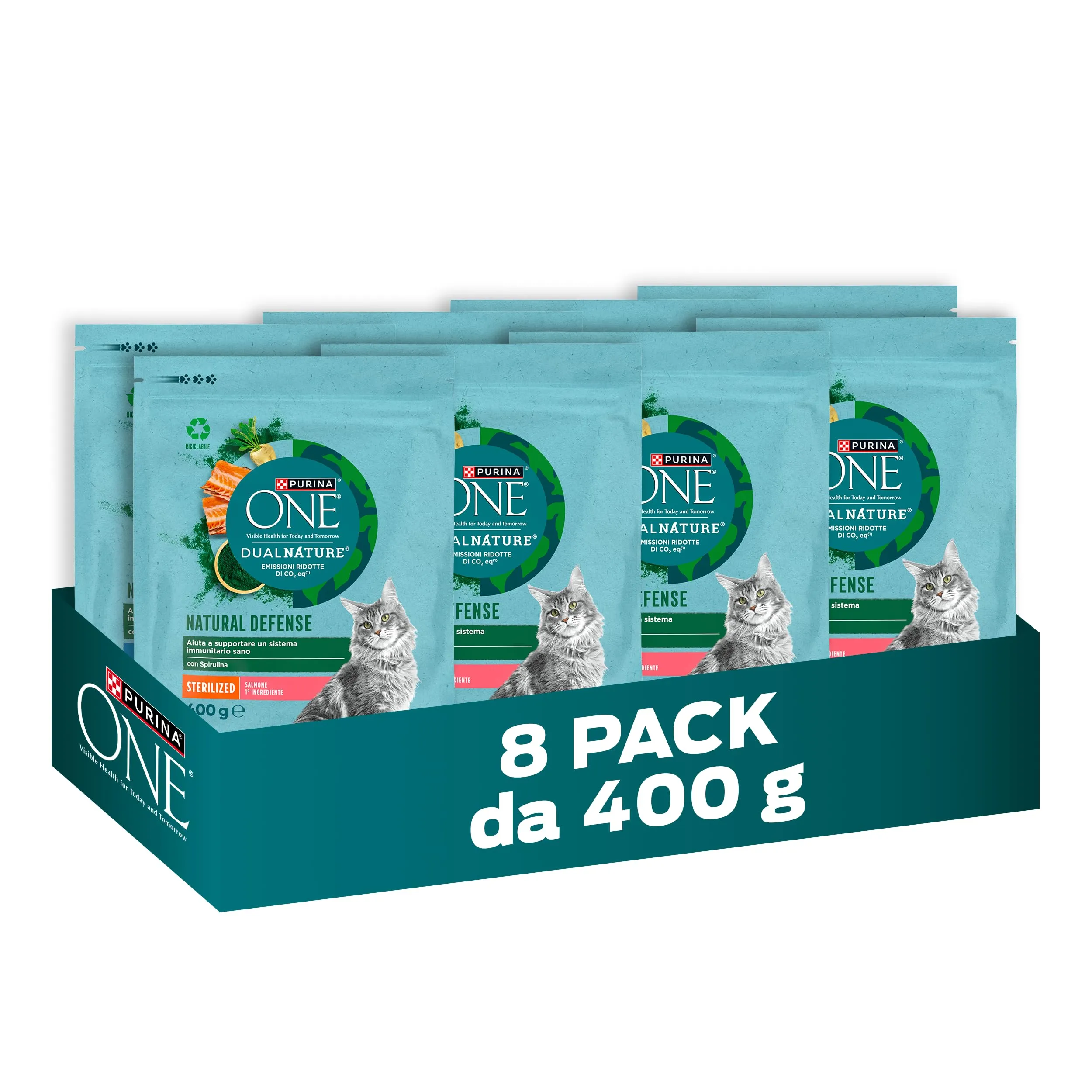 PURINA ONE Dualnature Natural Defense Crocchette per Gatti Adulti Sterilizzati con Salmone e Spirulina naturale 8 Sacchi da 400g - immagine 1