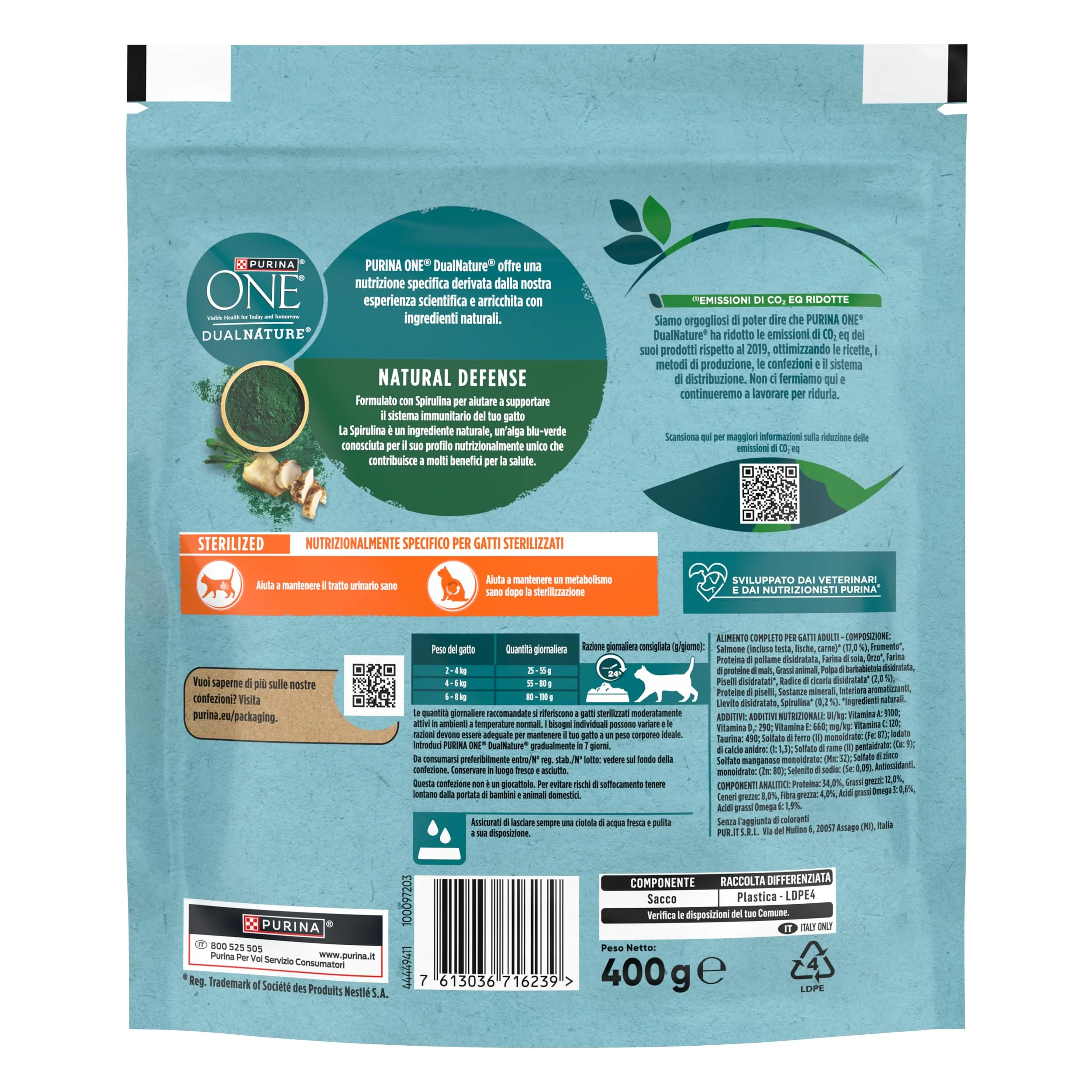 PURINA ONE Dualnature Natural Defense Crocchette per Gatti Adulti Sterilizzati con Salmone e Spirulina naturale 8 Sacchi da 400g - immagine 3