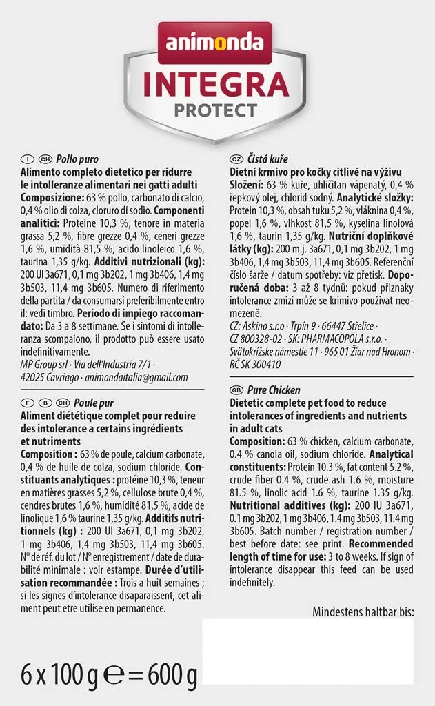 animonda Integra Protect Cat Sensitive, cibo per gatti, cibo umido per allergie ai mangimi, pollo puro, 6 x 100 g - immagine 4