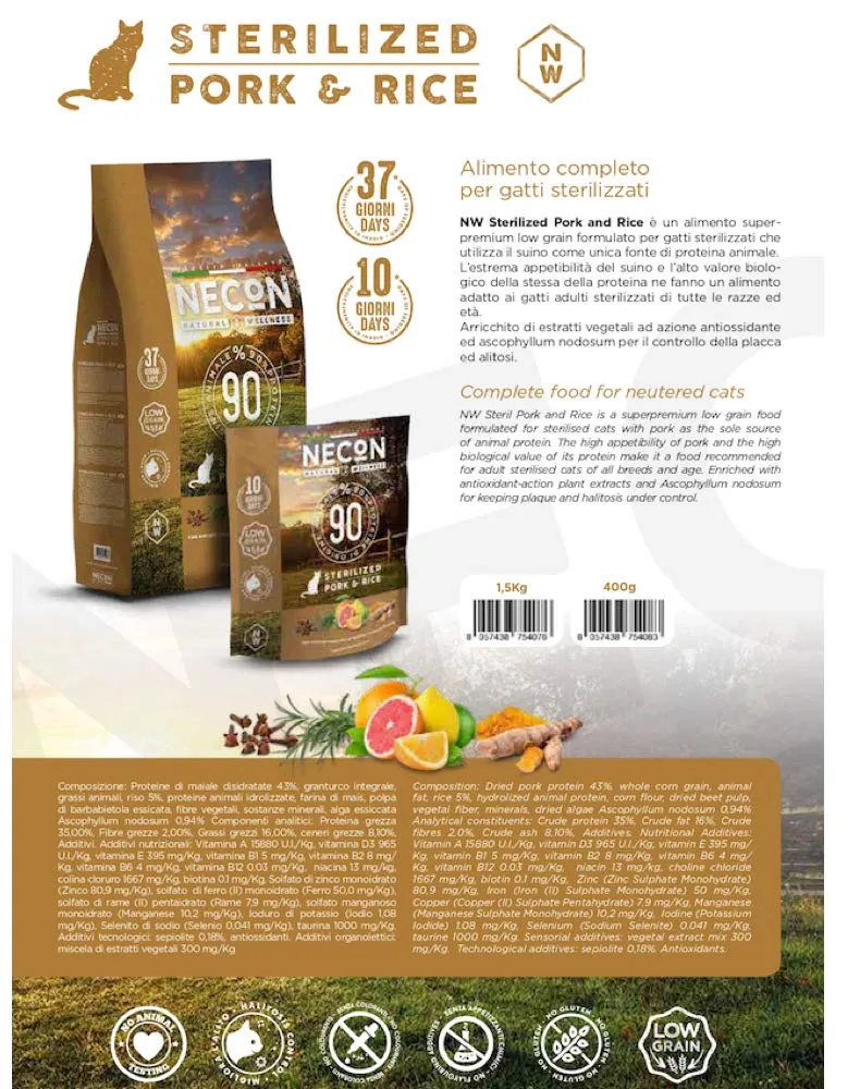 NECON PET FOOD Natural Wellness Sterillizato Maiale & Riso 1,5 kg, Cibo per Gatti Sterilizzati, Crocchette low grain ricche Vitamine,Qualità Super Premium, Made in Italy - immagine 2