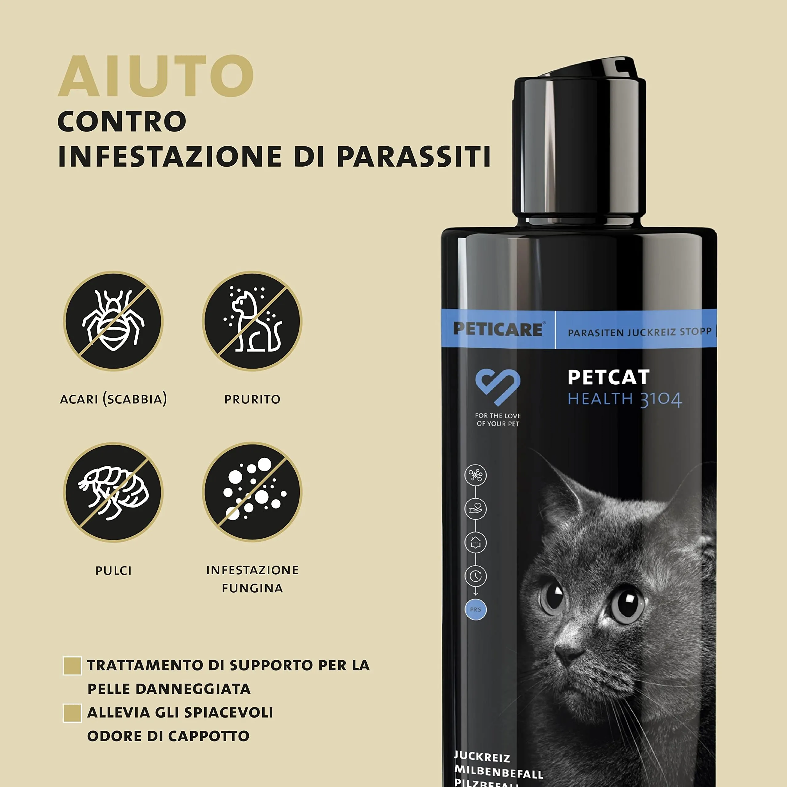 Peticare Shampoo Gatti Prurito e Acari – Scudo Cura Immediata per Parassiti – Senza Insetticidi – con Proteine della Seta – Shampoo Lenitivo - immagine 2