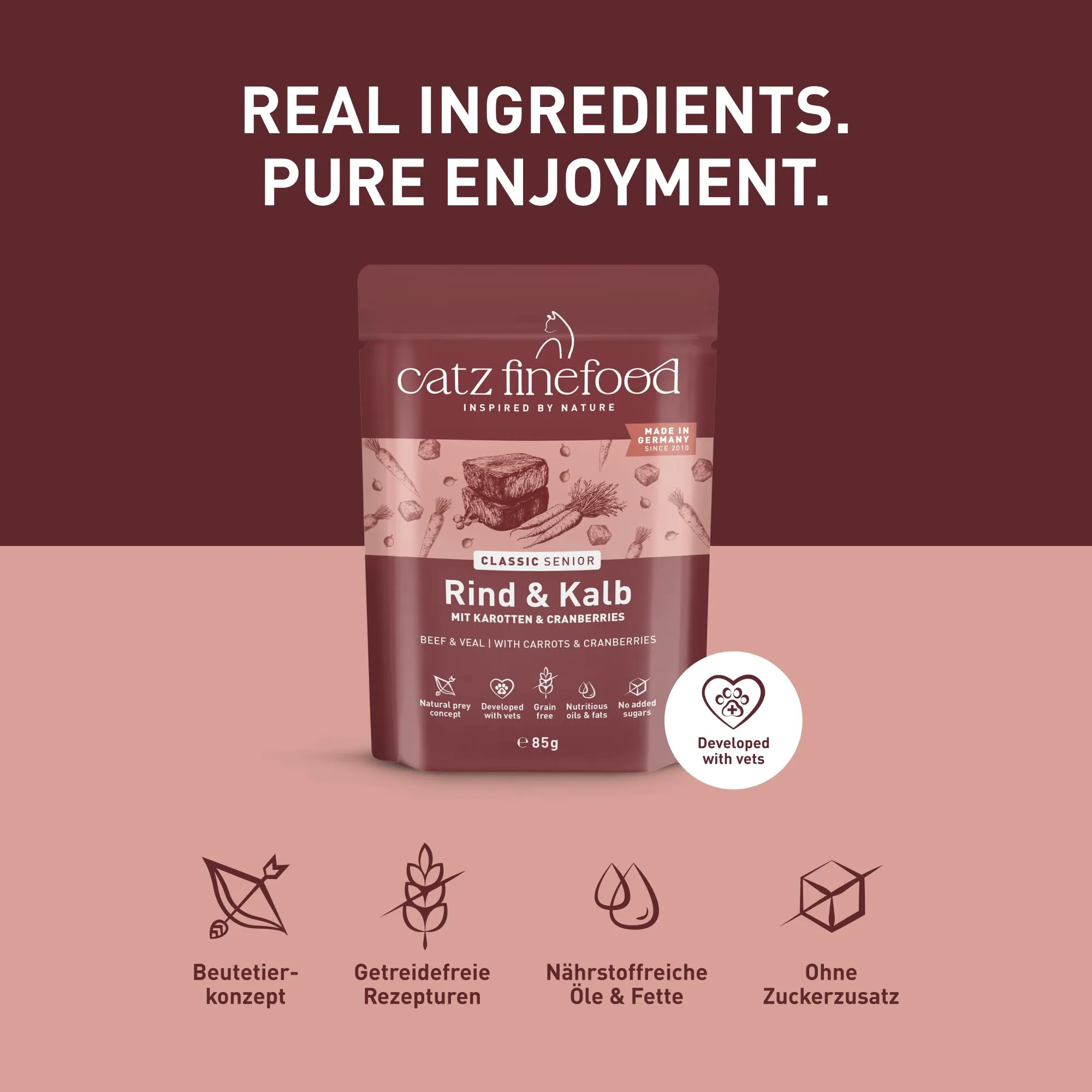 catz finefood Senior N°07 Manzo e vitello cibo umido per gatti – cibo umido di alta qualità per il vostro gatto anziano – senza cereali, senza zucchero, alto contenuto di carne, vitamine e minerali - immagine 4