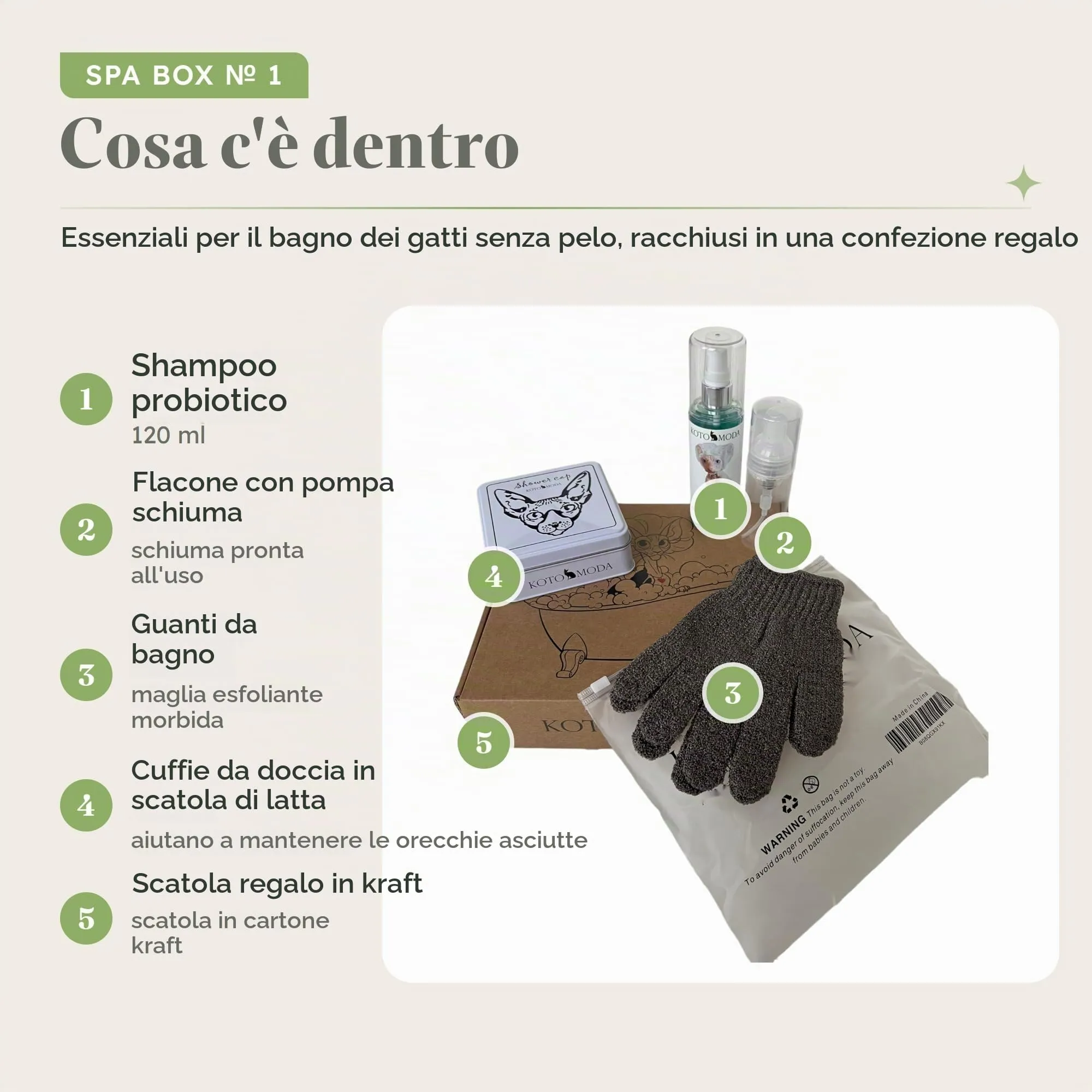 Kotomoda Set bagno doccia SPA per sphynx e altri animali nudi Shampoo 120 ml con generatore di schiuma, cuffie doccia nella scatola di latta, guanti da bagno - immagine 2