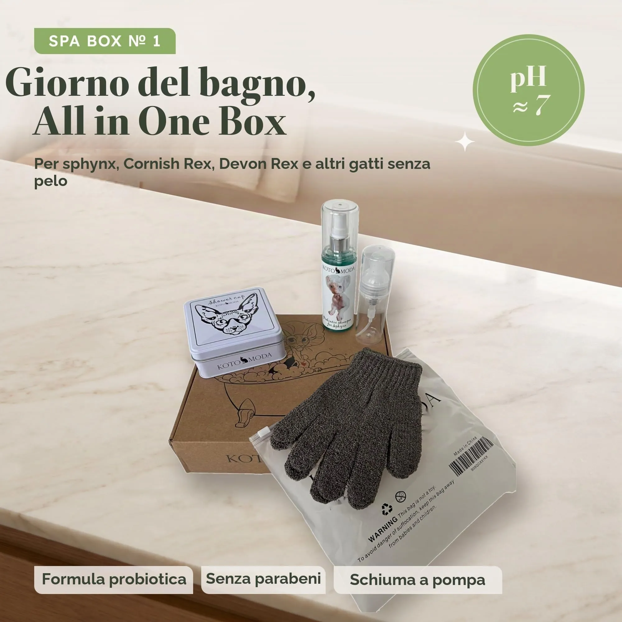 Kotomoda Set bagno doccia SPA per sphynx e altri animali nudi Shampoo 120 ml con generatore di schiuma, cuffie doccia nella scatola di latta, guanti da bagno - immagine 3