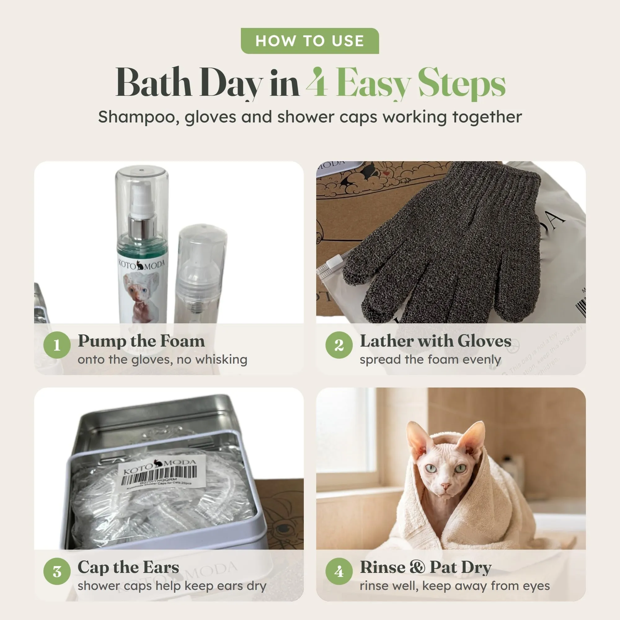 Kotomoda Set bagno doccia SPA per sphynx e altri animali nudi Shampoo 120 ml con generatore di schiuma, cuffie doccia nella scatola di latta, guanti da bagno - immagine 4