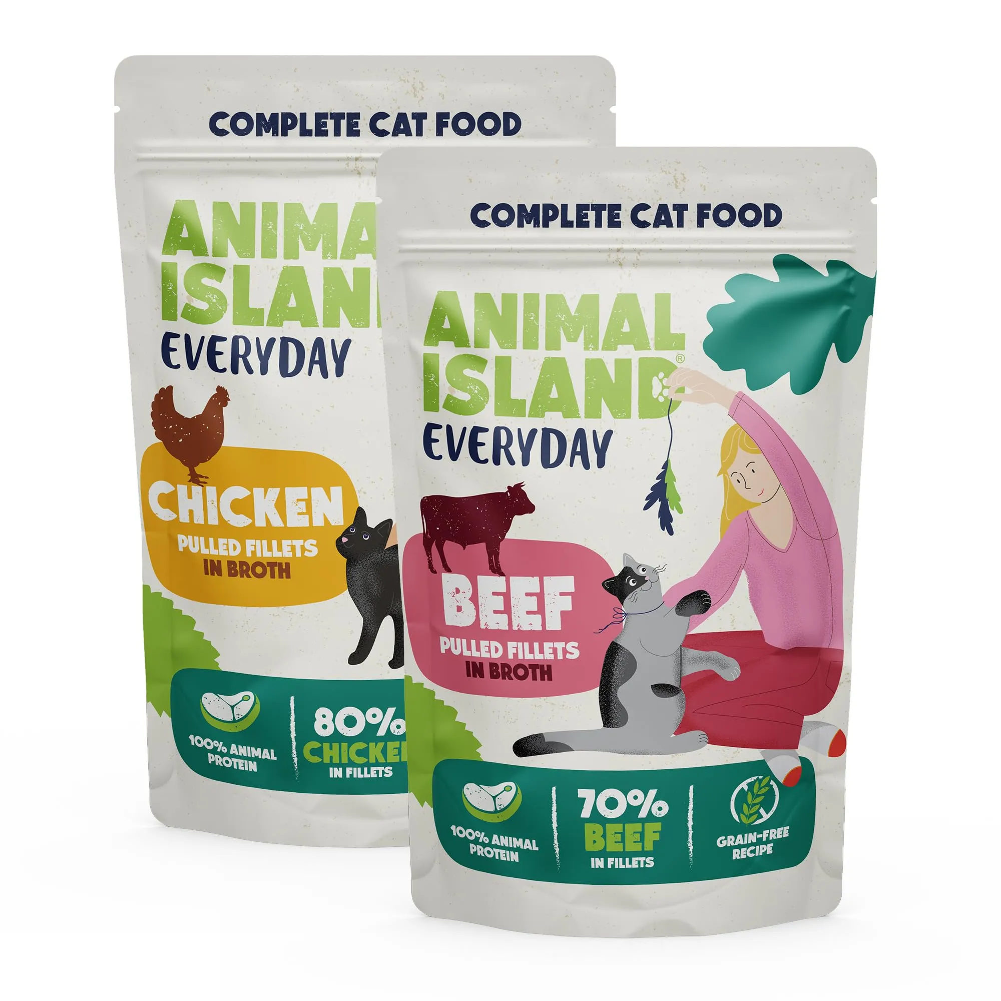 Animal Island Everyday Alimento Umido per Gatto Adulto Filetti Sfilacciati in Brodo 2x Pollo 2x Manzo Completo Senza Cereali Tutte le Razze, 4 x 85g - immagine 2