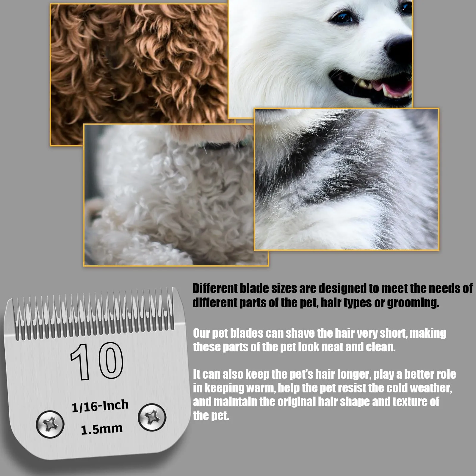 Confezione da 3 lame in acciaio inossidabile rimovibili per la toelettatura di cani PET staccabili da 10#, compatibili con, Oster/Heiniger/moser, lmisura n.10, lunghezza taglio1/16 di pollice 1,5 mm - immagine 3