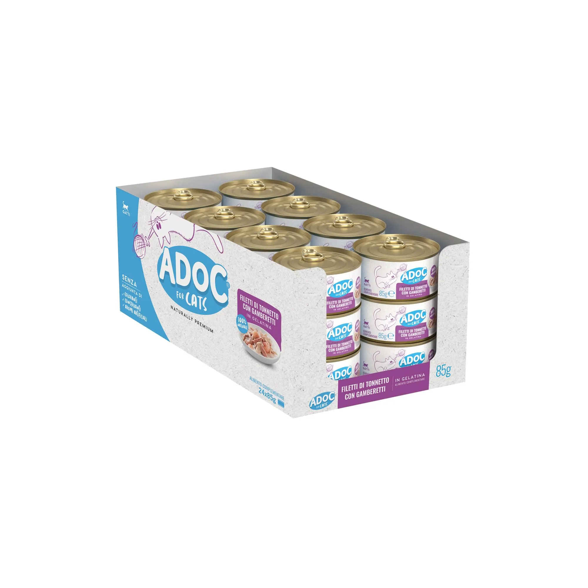 Adoc Naturally Premium, Alimento Umido Complementare per Gatti, Tonnetto con Gamberetti, 24 Lattine da 85 g, in Gelatina, Senza Conservanti e Coloranti - immagine 3
