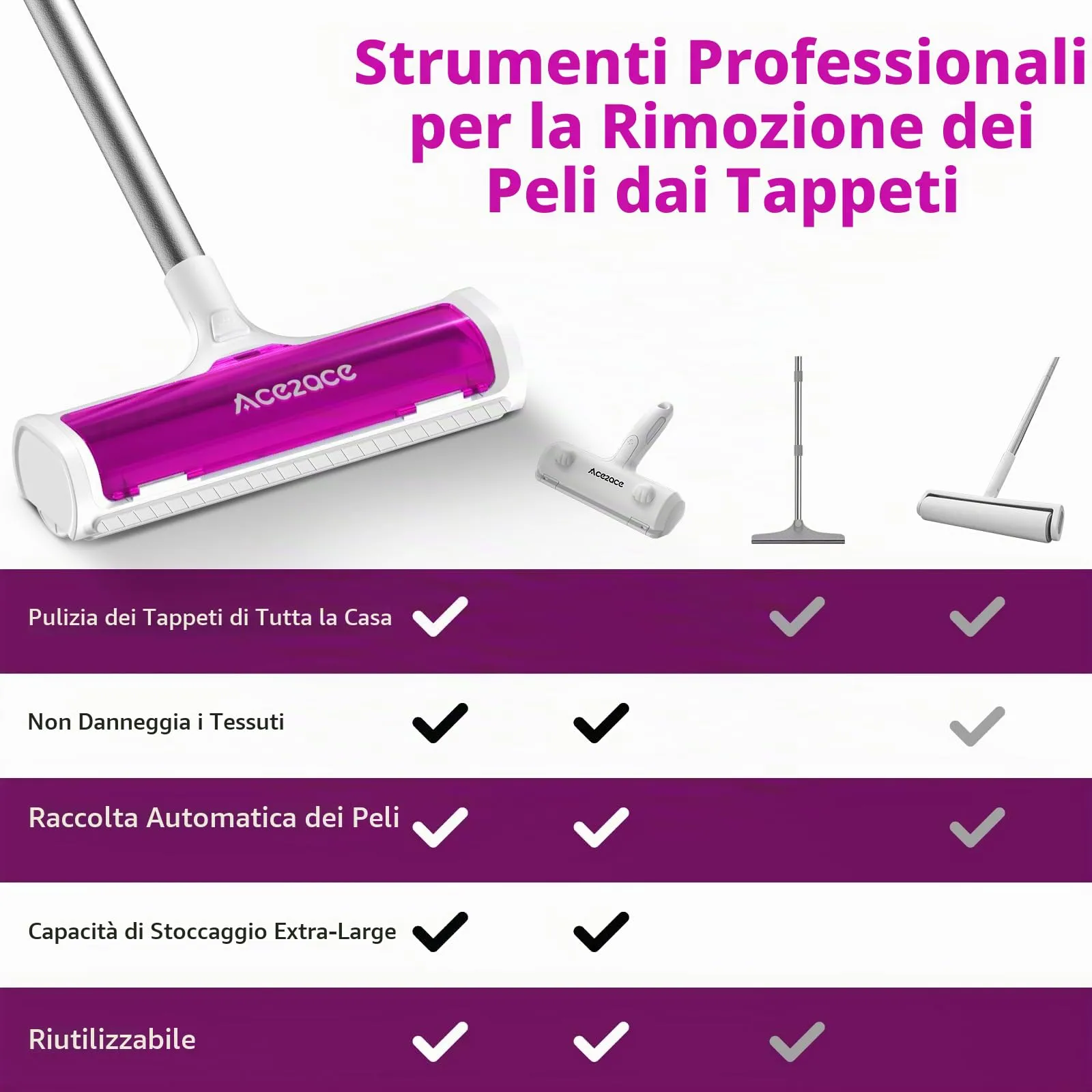 ACE2ACE Spazzola Peli Animali da Tappeti - Autopulente a Raccolta Autonoma - immagine 3