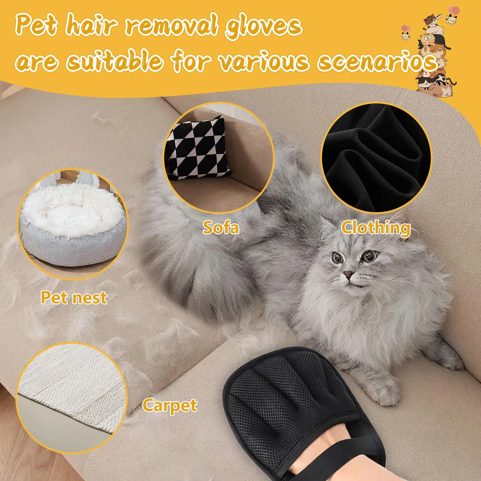 Mizijia 3 Pezzi Pet Hair Remover Glove, Yomi Pet Guanto, Guanto Elettrostatico Peli Gatto, Guanto Rimuovi Peli Animali, Double-Sided Magnetico Pet Hair Remover Glove - immagine 6