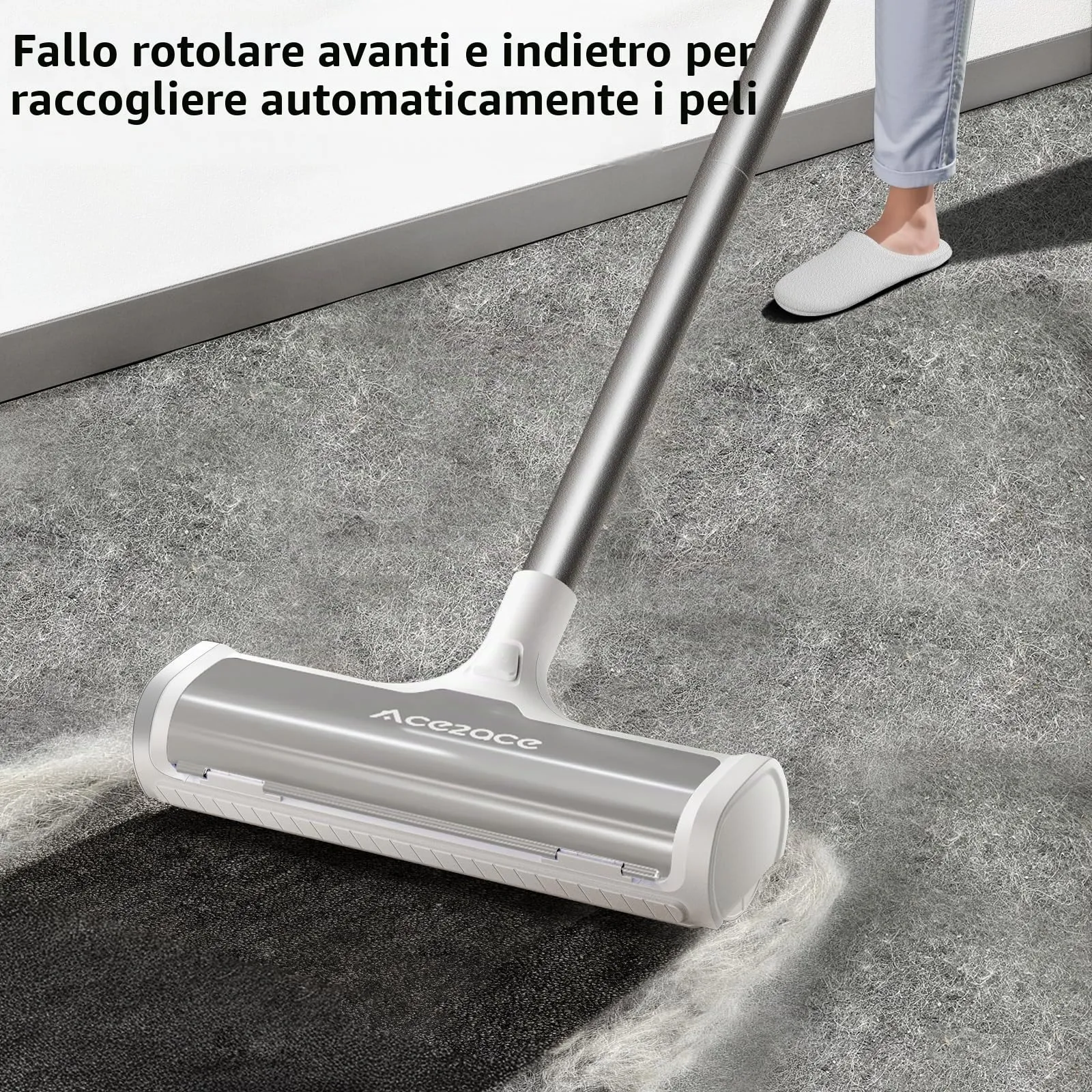 ACE2ACE A3 PRO Spazzola Peli Animali da Tappeti, Spazzatrice Autopulente a Raccolta Autonoma, Spazzola per Tappeti con Manico Lungo 1.5m per Rimuovere Peli di Cane e Gatto da Moquette e Stuoie,Grigio - immagine 2