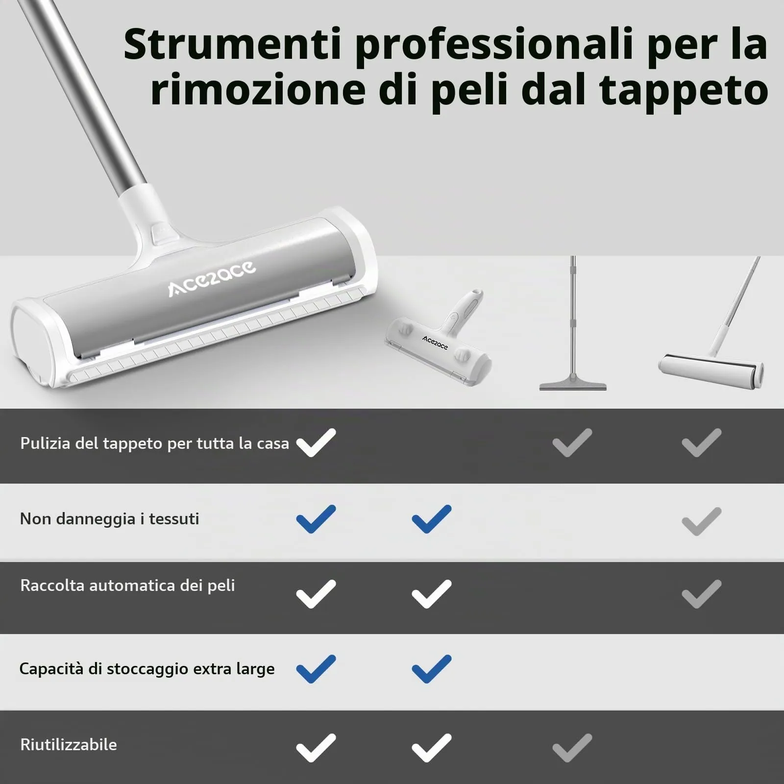 ACE2ACE A3 PRO Spazzola Peli Animali da Tappeti, Spazzatrice Autopulente a Raccolta Autonoma, Spazzola per Tappeti con Manico Lungo 1.5m per Rimuovere Peli di Cane e Gatto da Moquette e Stuoie,Grigio - immagine 3