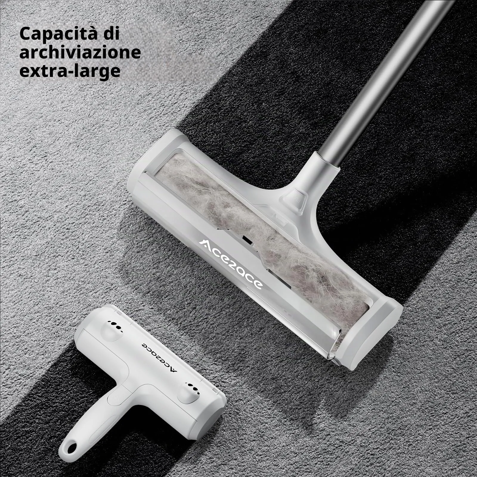 ACE2ACE A3 PRO Spazzola Peli Animali da Tappeti, Spazzatrice Autopulente a Raccolta Autonoma, Spazzola per Tappeti con Manico Lungo 1.5m per Rimuovere Peli di Cane e Gatto da Moquette e Stuoie,Grigio - immagine 4