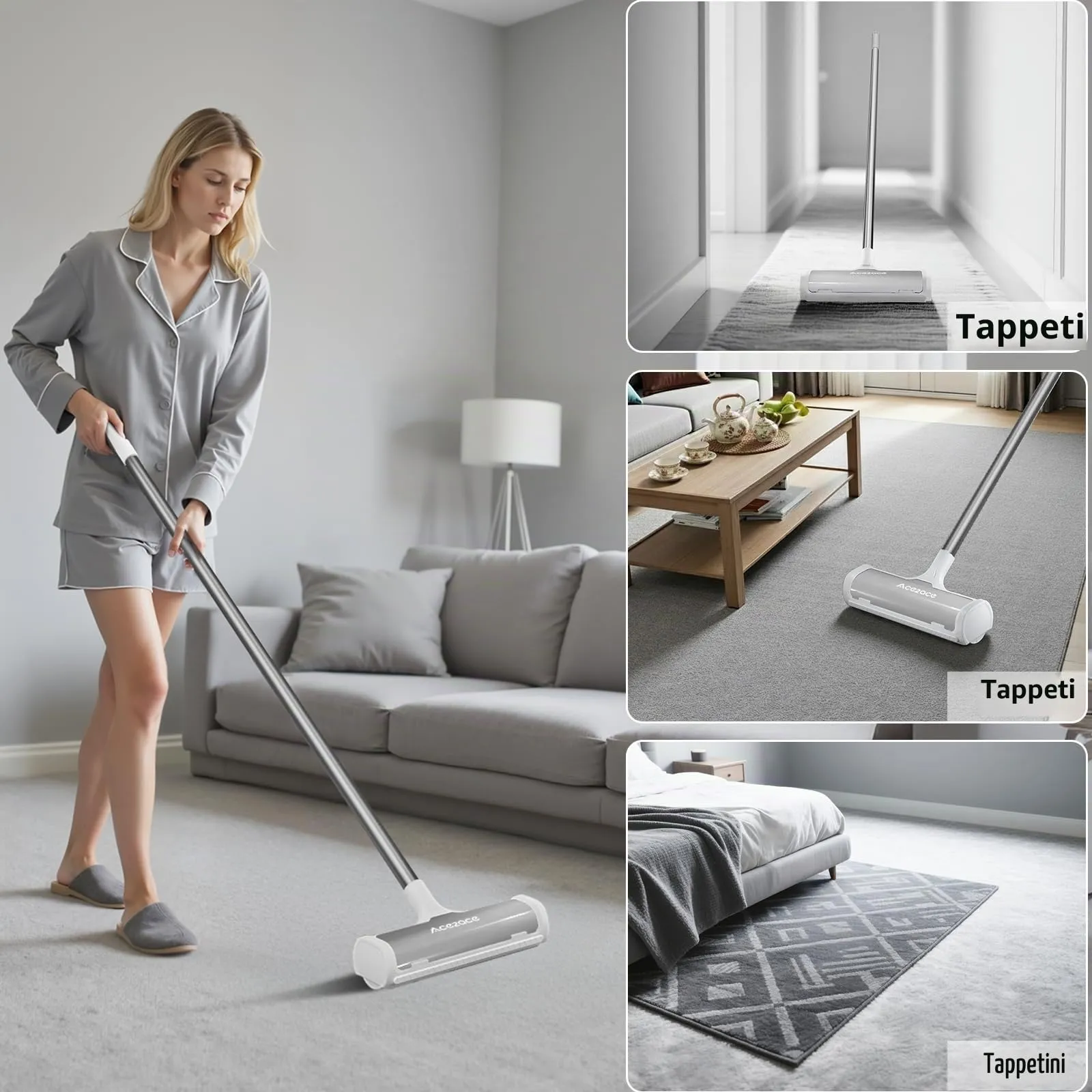 ACE2ACE A3 PRO Spazzola Peli Animali da Tappeti, Spazzatrice Autopulente a Raccolta Autonoma, Spazzola per Tappeti con Manico Lungo 1.5m per Rimuovere Peli di Cane e Gatto da Moquette e Stuoie,Grigio - immagine 5