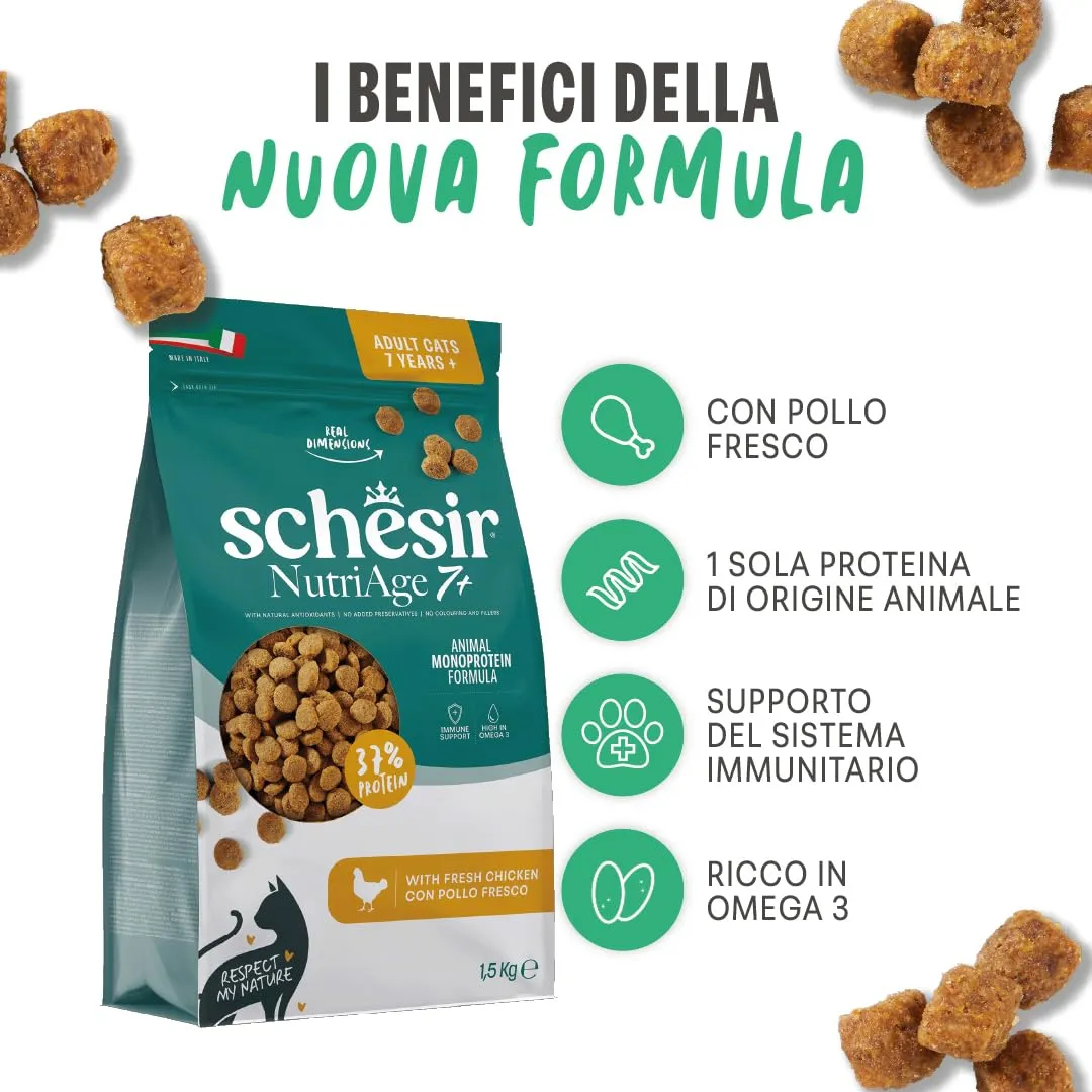 Schesir Animal Monoprotein Nutriage 7+ Pollo, Croccantini per Gatti Adulti Senior, Alimento Secco Monoproteico, Vitamine Aggiunte, Senza Conservanti e Coloranti 1,5 kg - immagine 2