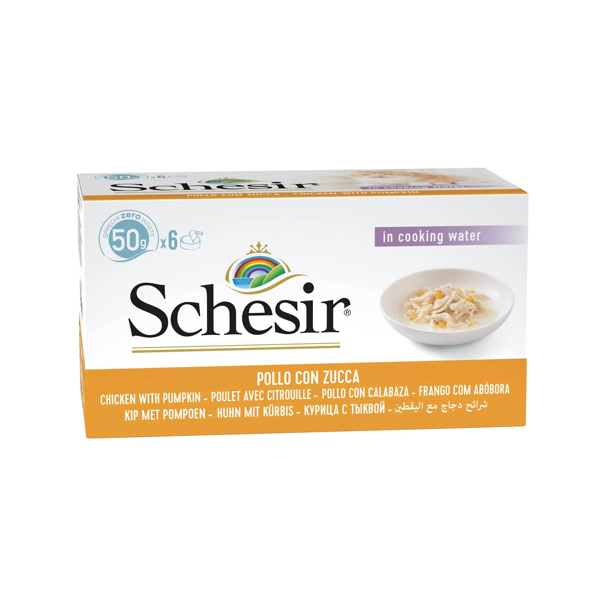 Schesir, Pollo con Zucca in Brodo, 48 Lattine, Cibo Umido Completo per Gatti, Con Vitamine Aggiunte, 100% Naturale, Cruelty-Free, 8 Confezioni da 6 x 50 g - immagine 1