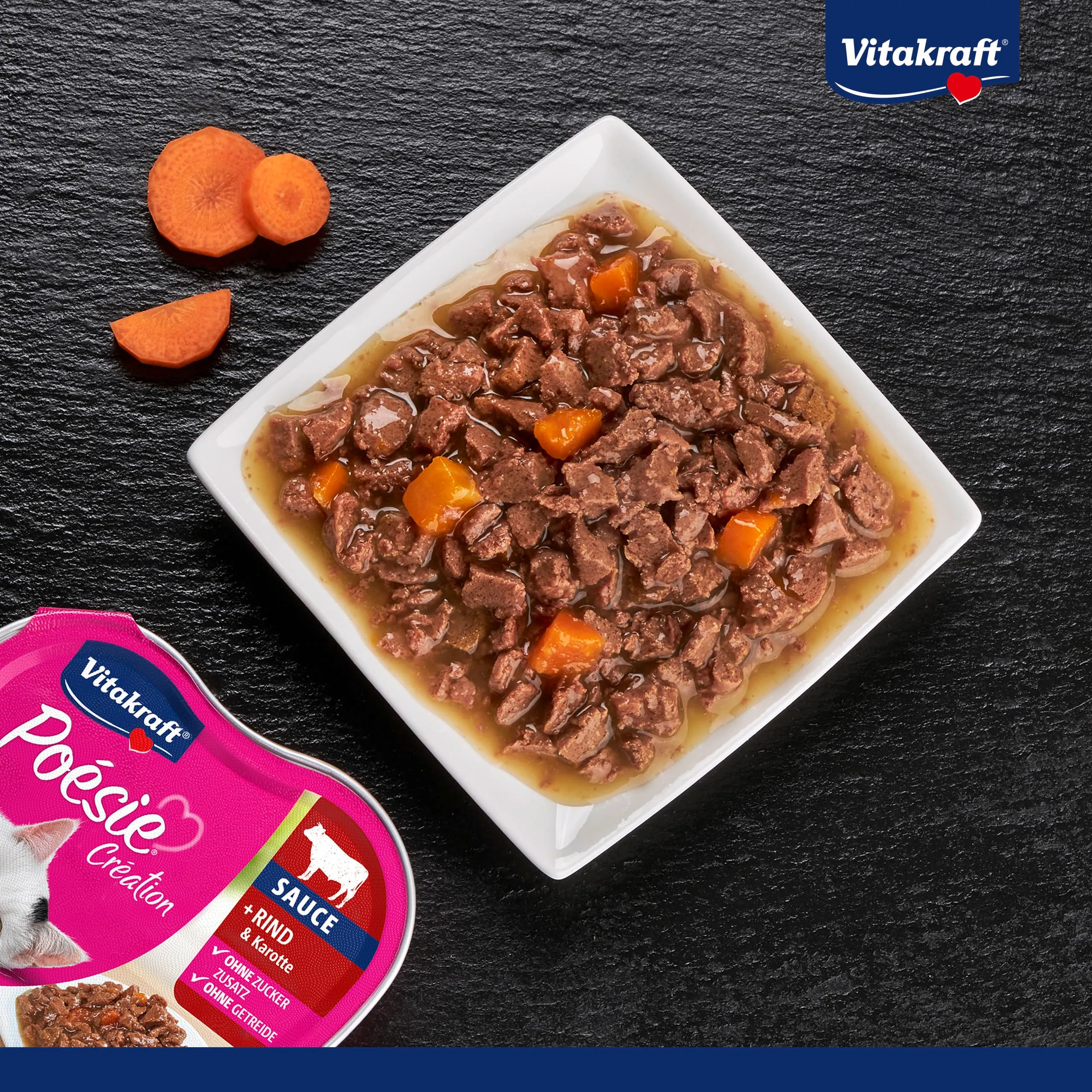 Vitakraft Poésie Création, alimento umido gatto, alimento umido gatto in salsa, con manzo e carota, confezione scorta, senza l’aggiunta di zuccheri e cereali (15x 85g) - immagine 4