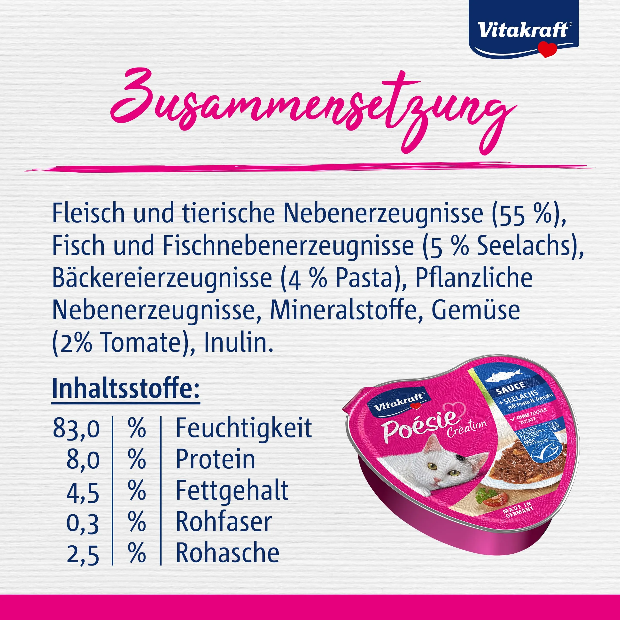 Vitakraft Poésie Création, alimento umido gatto, con merluzzo, pasta e pomodoro in squisita salsa, per gatti adulti, senza l'aggiunta di zuccheri e minerali (15x 85g) - immagine 5