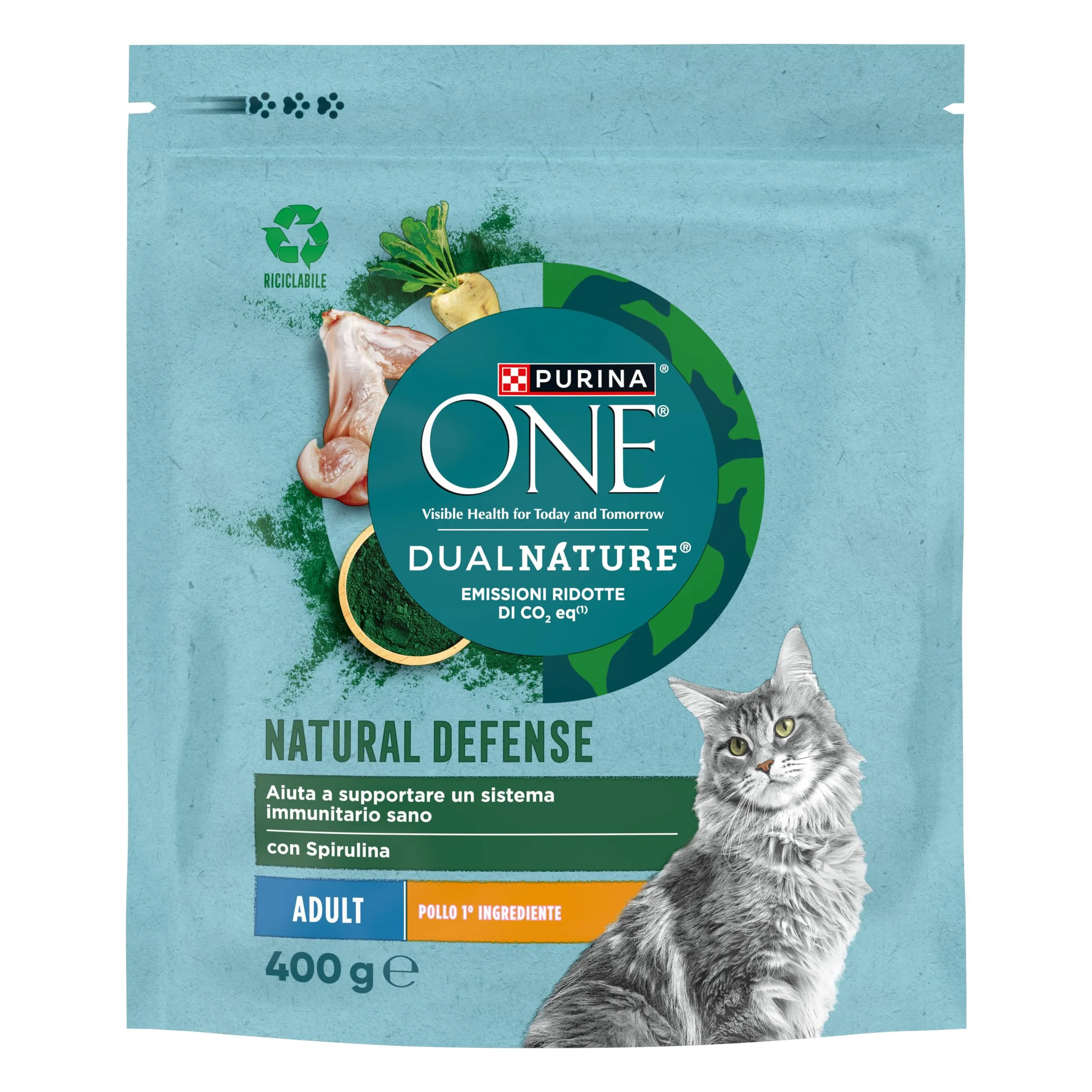 PURINA ONE Dualnature Natural Defense Crocchette per Gatti Adulti con Pollo e Spirulina Naturale 8 Sacchi da 400g - immagine 2