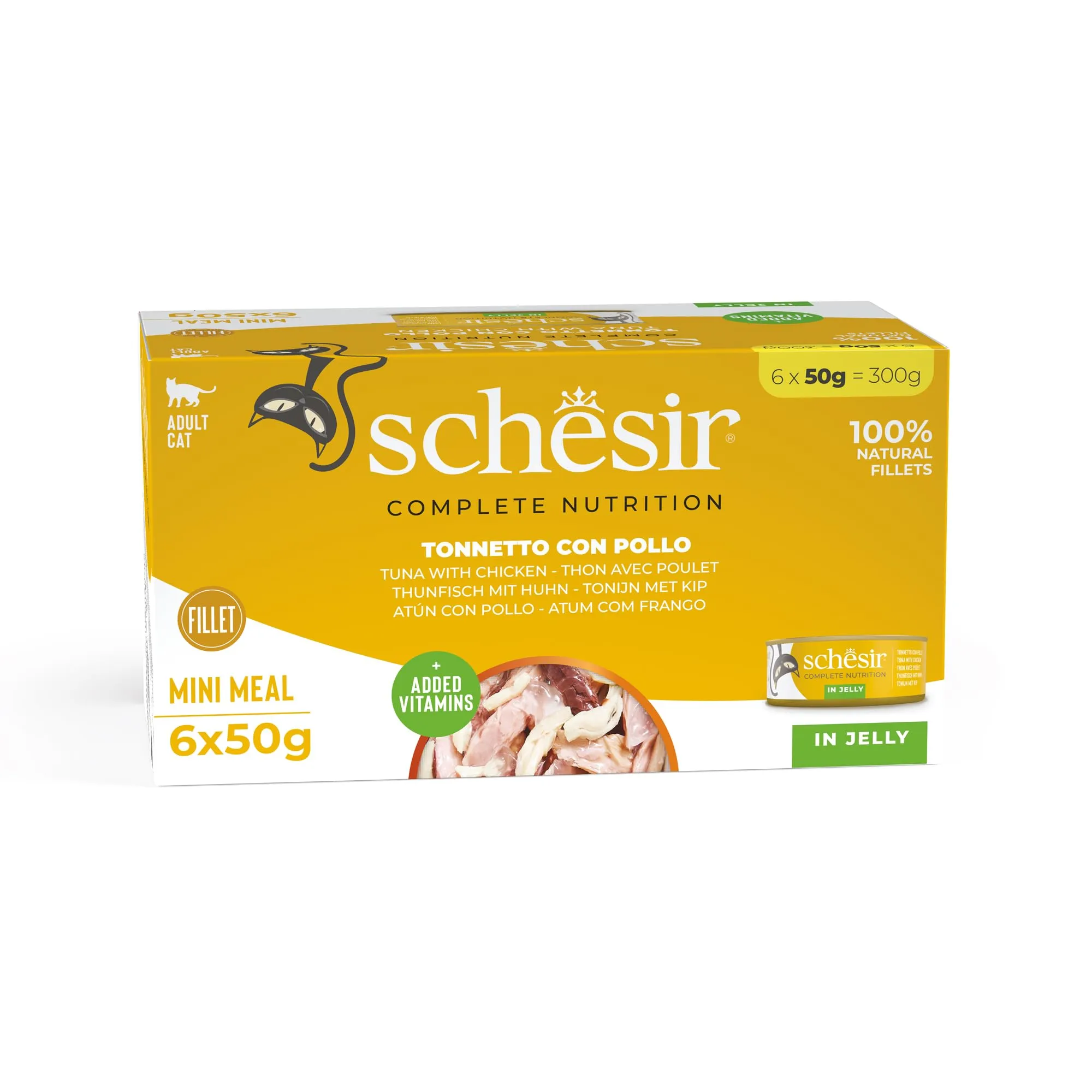 Schesir, Tonnetto con Pollo in Gelatina, 48 LAttine, Alimento Umido Completo per Gatti, con Vitamine Aggiunte, 100% filetti naturali, Cruelty-Free, 8 Confezioni da 6 x 50g - immagine 1