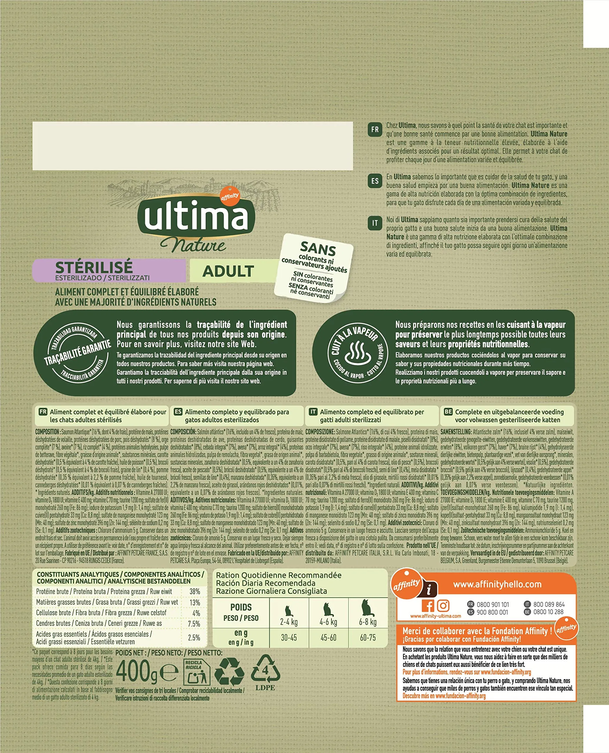 Ultima Nature Cibo per Gatti Sterilizzati con Salmoni: Confezione da 8 x 400g - Totale: 3.2kg - immagine 4