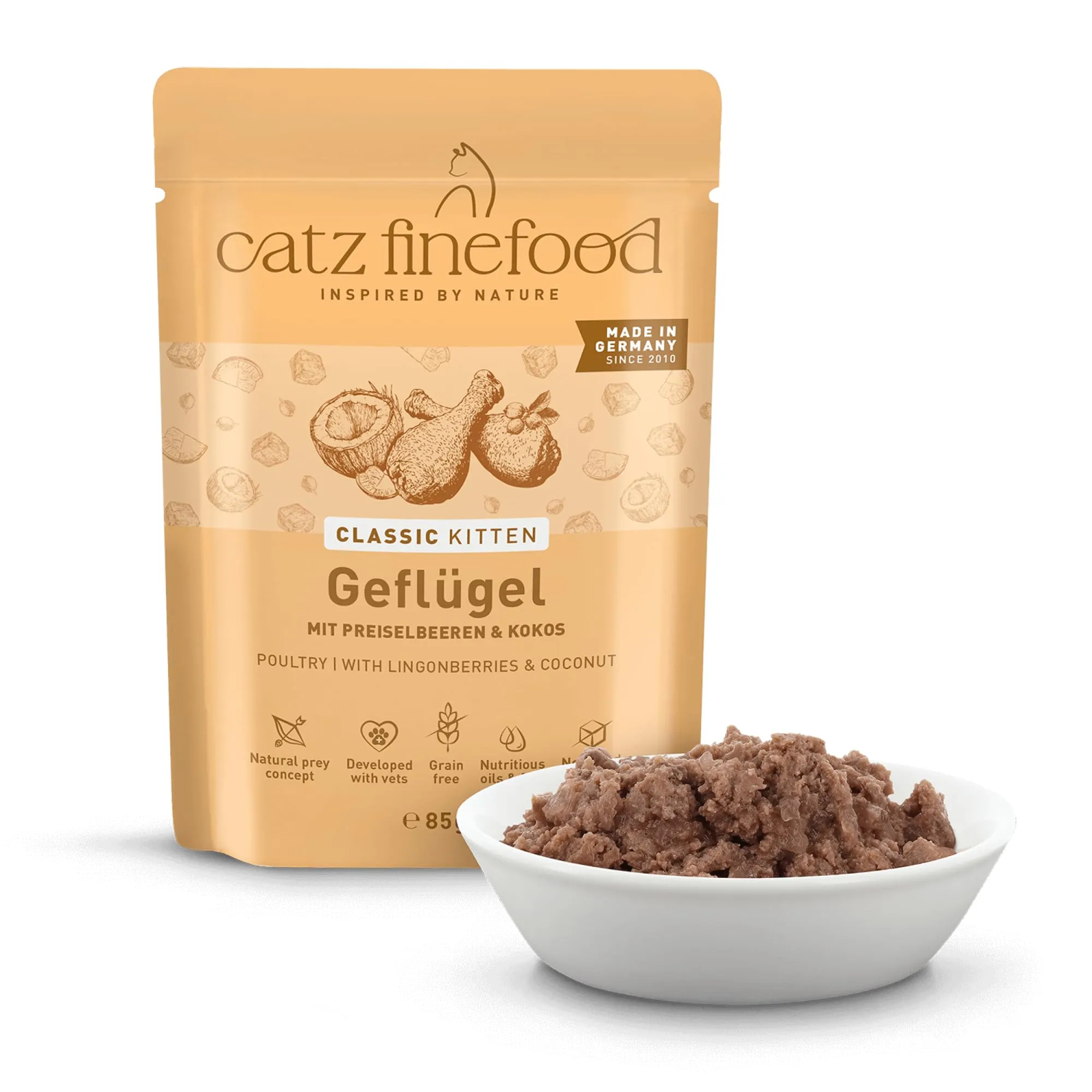 catz finefood Kitten N 3 - Cibo umido per gatti e gatti, senza cereali e zucchero ad alta percentuale di carne, 16 x 85 g - immagine 2