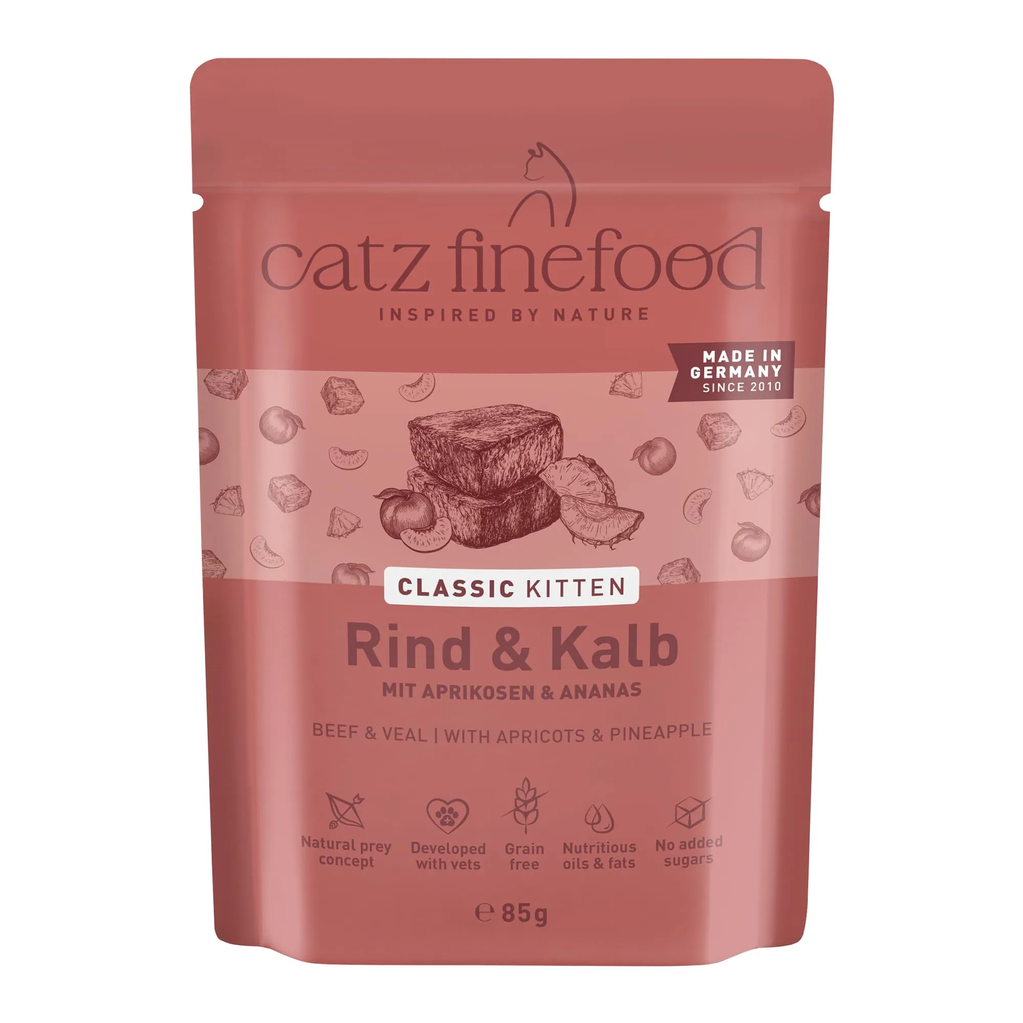 catz finefood Kitten N 7 Manzo e vitello cibo umido per gatti – Cibo umido per gatti giovani senza cereali e zucchero ad alta percentuale di carne, 16 sacchetti da 85 g - immagine 1