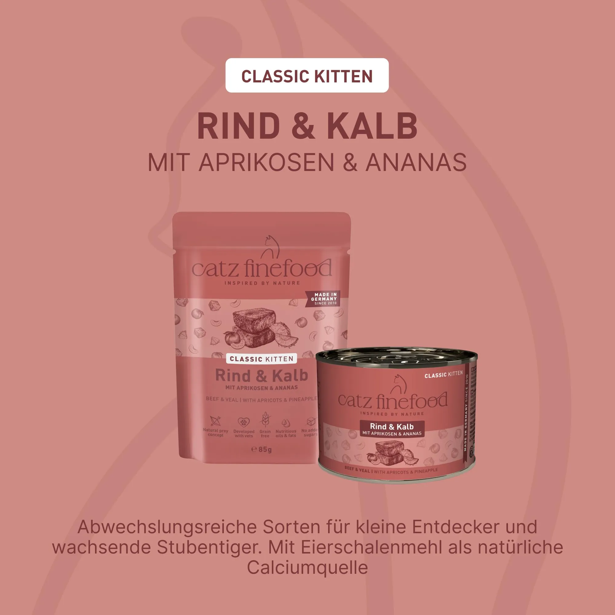 catz finefood Kitten N 7 Manzo e vitello cibo umido per gatti – Cibo umido per gatti giovani senza cereali e zucchero ad alta percentuale di carne, 16 sacchetti da 85 g - immagine 3