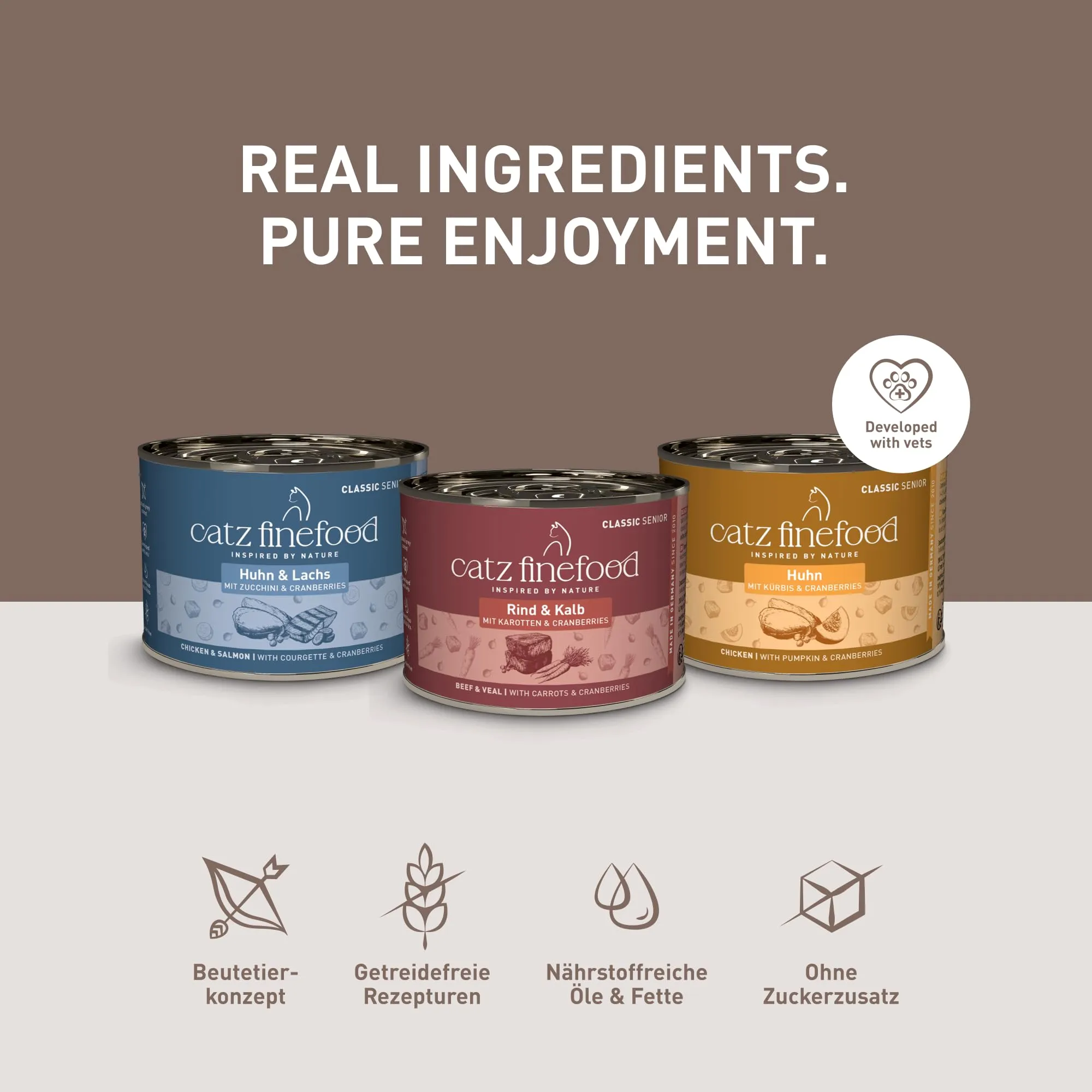 catz finefood Senior Collection cibo umido per gatti – cibo umido di alta qualità per il vostro gatto anziano – senza cereali, senza zucchero, alto contenuto di carne, vitamine e minerali (6 barattoli - immagine 4