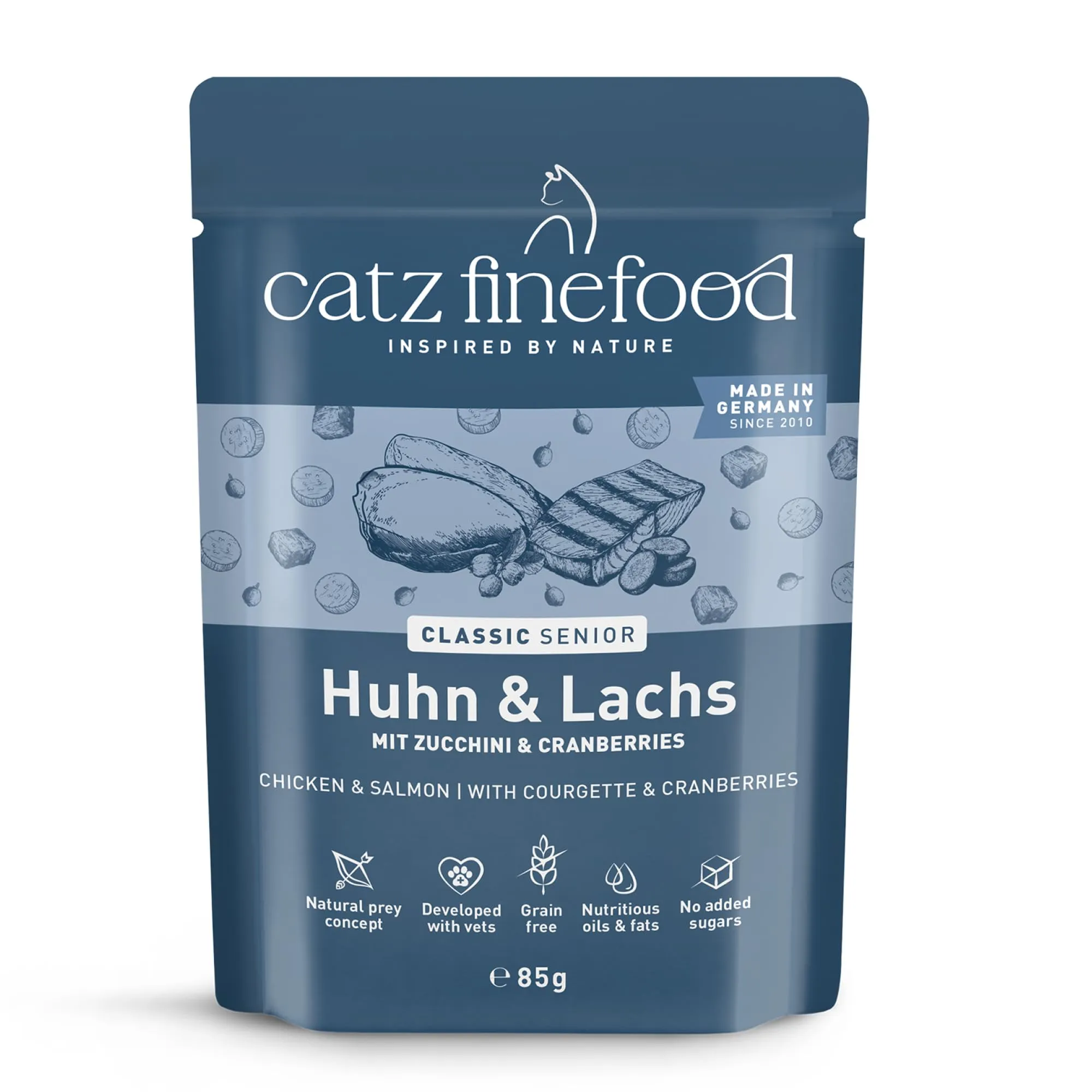 catz finefood Senior N°05 Salmone e pollo cibo umido per gatti – cibo umido di alta qualità per il vostro gatto anziano – senza cereali, senza zucchero, alto contenuto di carne, vitamine e minerali - immagine 1