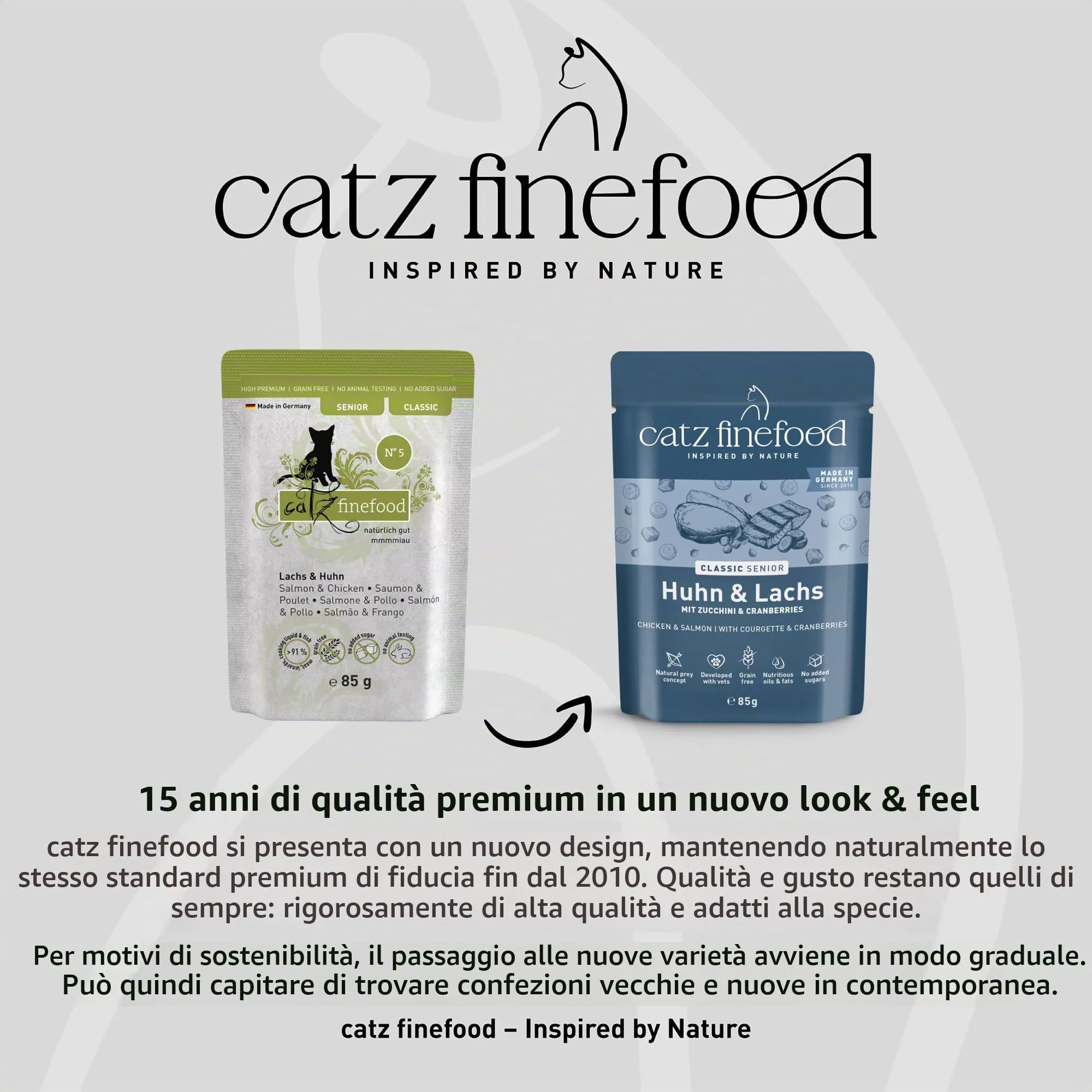 catz finefood Senior N°05 Salmone e pollo cibo umido per gatti – cibo umido di alta qualità per il vostro gatto anziano – senza cereali, senza zucchero, alto contenuto di carne, vitamine e minerali - immagine 2