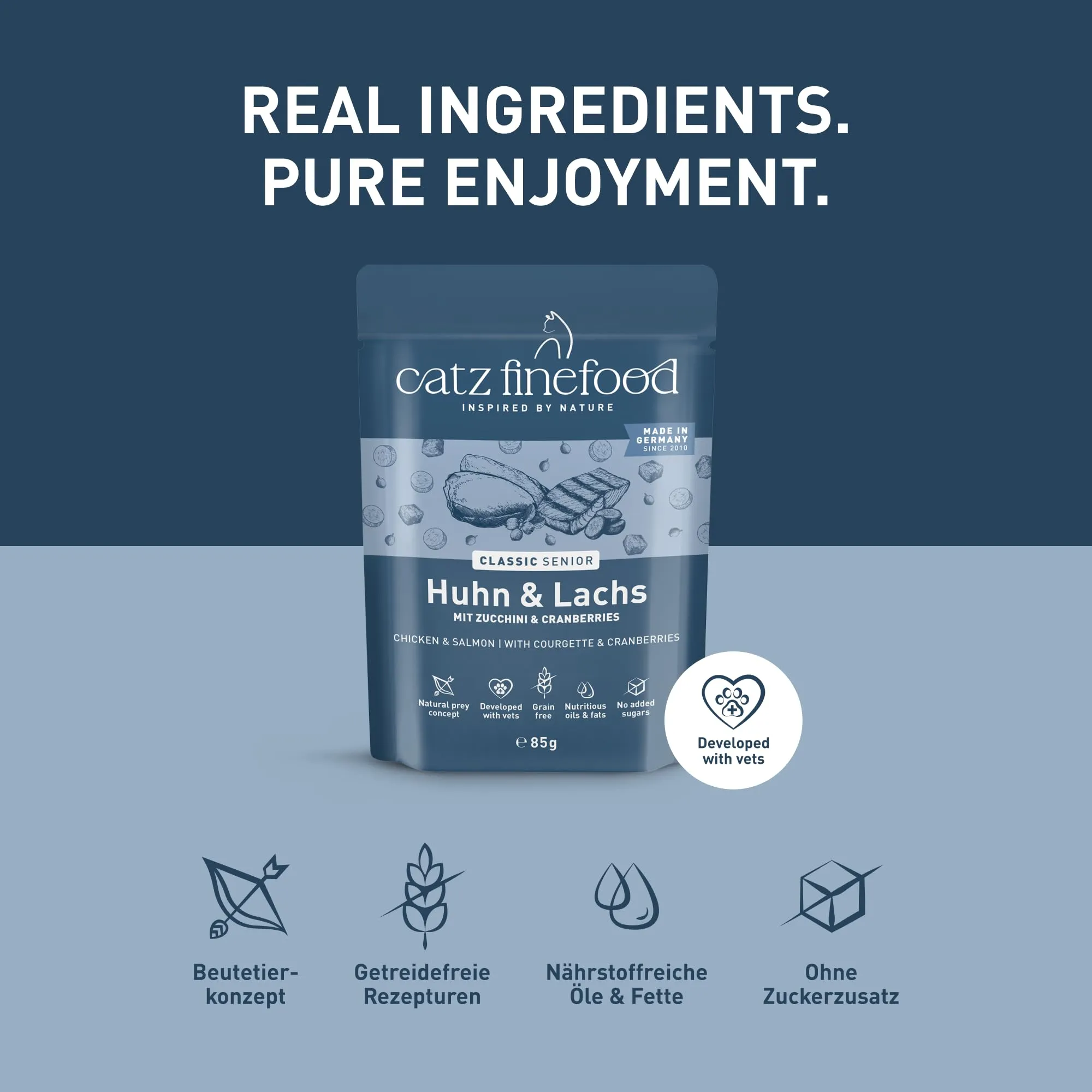 catz finefood Senior N°05 Salmone e pollo cibo umido per gatti – cibo umido di alta qualità per il vostro gatto anziano – senza cereali, senza zucchero, alto contenuto di carne, vitamine e minerali - immagine 4
