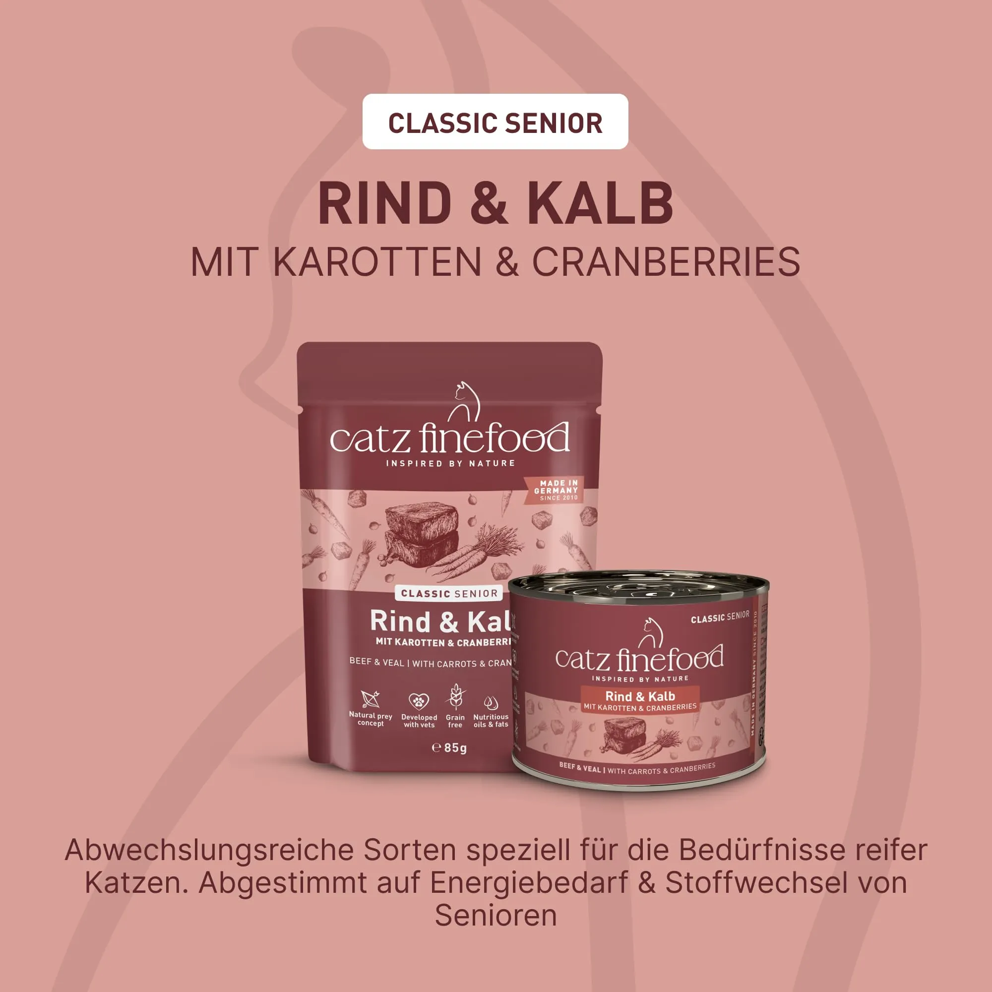 catz finefood Senior N°07 Manzo e vitello cibo umido per gatti – cibo umido di alta qualità per il vostro gatto anziano – senza cereali, senza zucchero, alto contenuto di carne, vitamine e minerali (6 - immagine 3