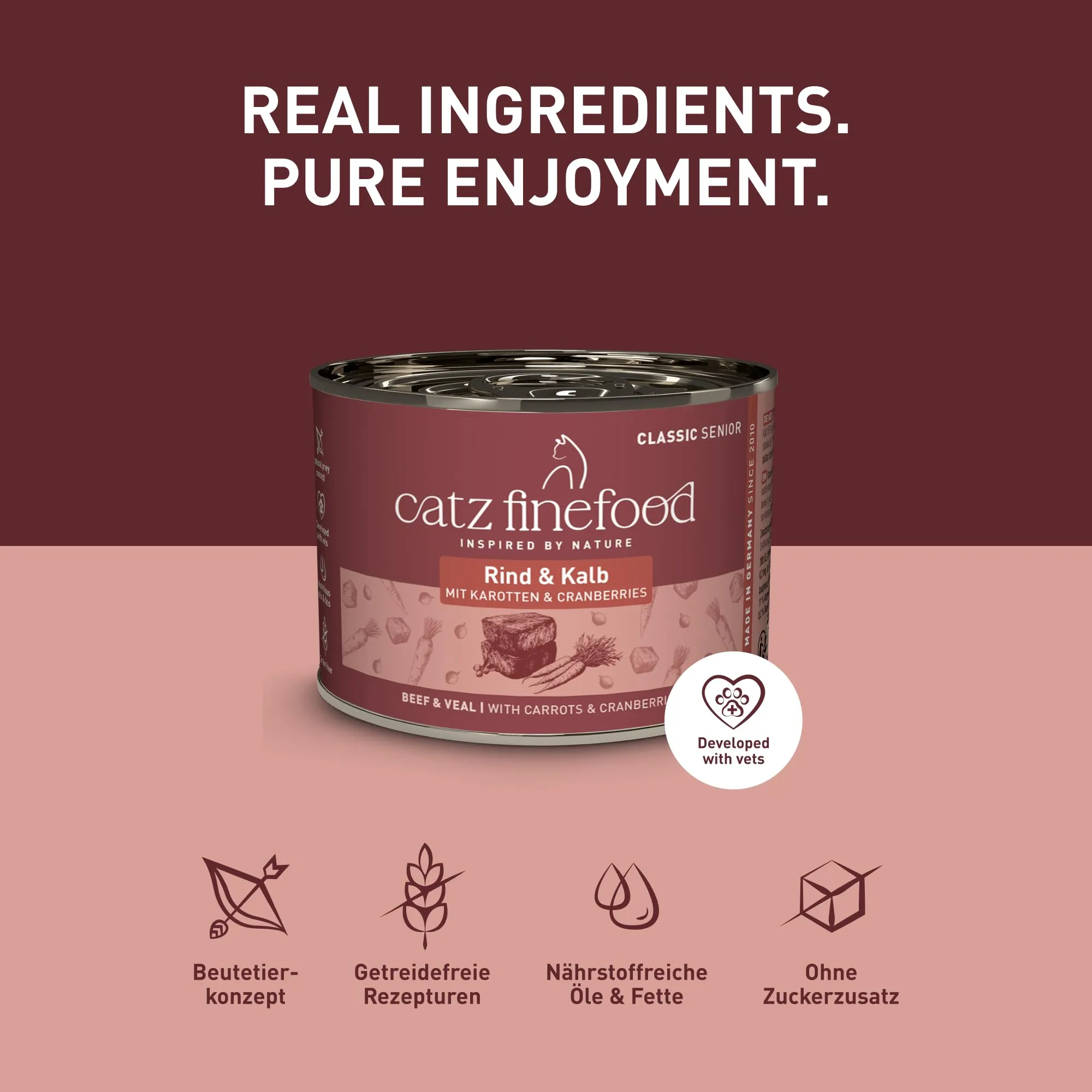 catz finefood Senior N°07 Manzo e vitello cibo umido per gatti – cibo umido di alta qualità per il vostro gatto anziano – senza cereali, senza zucchero, alto contenuto di carne, vitamine e minerali (6 - immagine 4