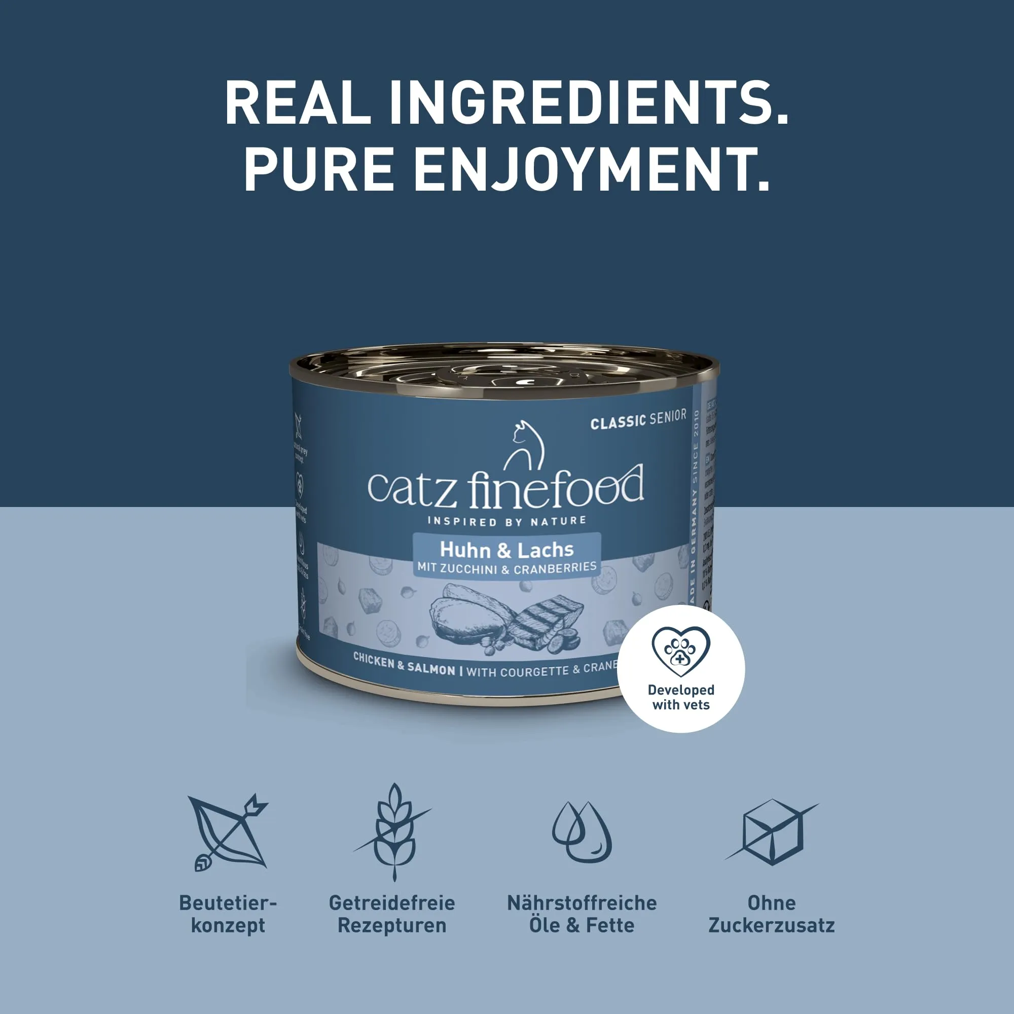 catz finefood Senior N°05 Salmone e pollo cibo umido per gatti – cibo umido di alta qualità per il vostro gatto anziano – senza cereali, senza zucchero, alto contenuto di carne, vitamine e minerali (6 - immagine 4