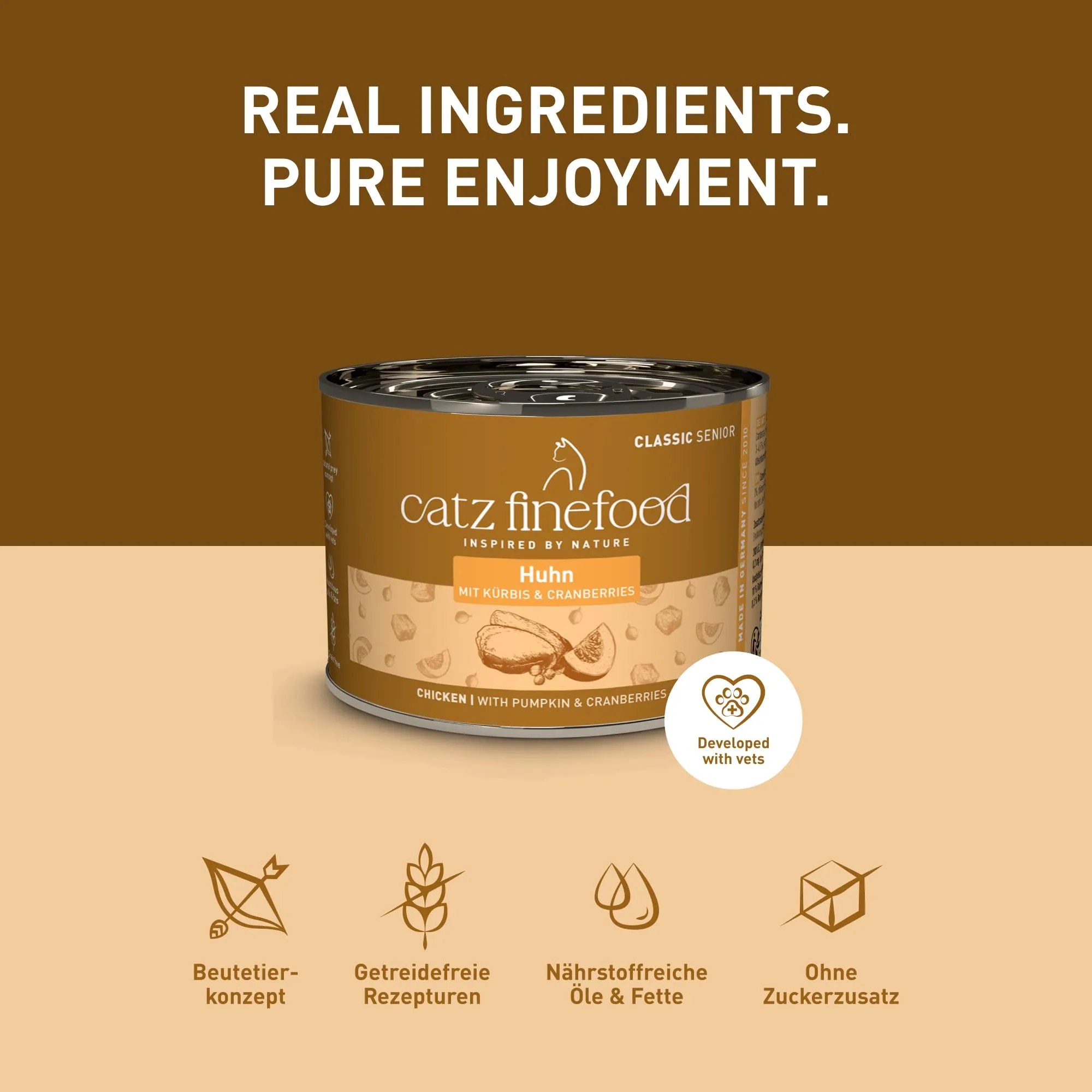 catz finefood Senior N°03 cibo umido per gatti – cibo umido di alta qualità per il vostro gatto anziano – senza cereali, senza zucchero, alto contenuto di carne, vitamine e minerali (6 barattoli da - immagine 4