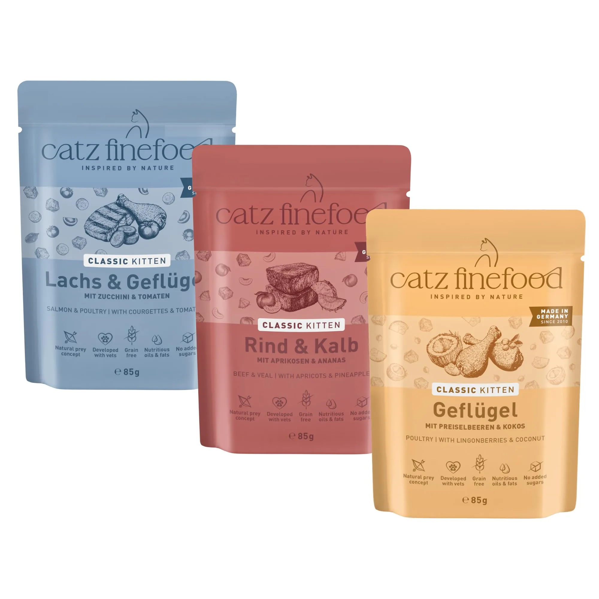 catz finefood Kitten Multipack I cibo umido per gatti – Cibo umido per giovani gatti senza cereali e zucchero ad alta percentuale di carne (6 sacchetti da 85 g) - immagine 1
