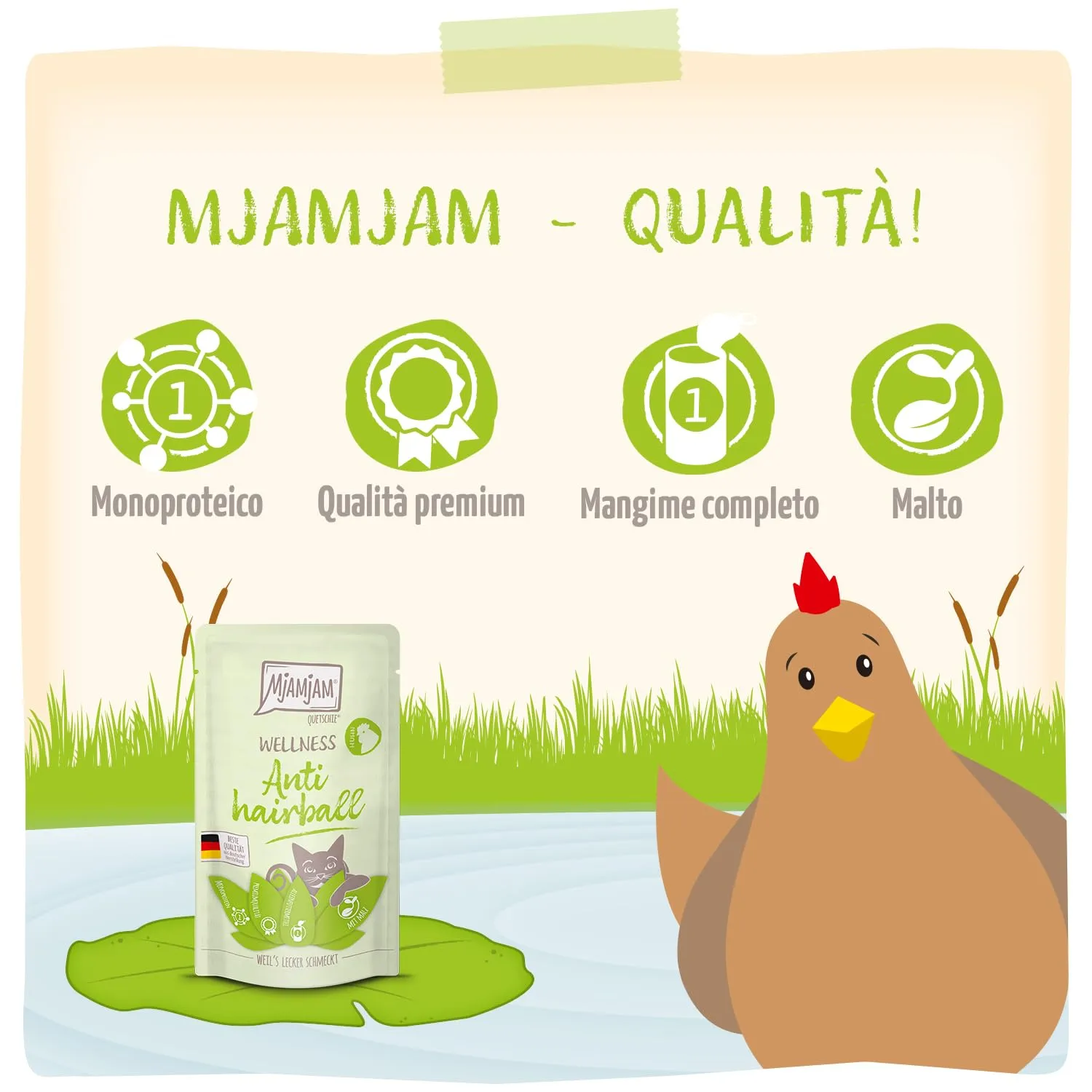 MjAMjAM - Cibo umido premium per gatti - Wellness - Anti Hairball - Pollo, confezione da 12 (12 x 125g), senza cereali - immagine 4