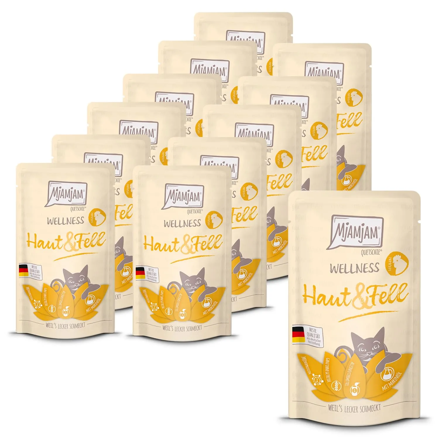 MjAMjAM - Cibo umido premium per gatti - Wellness - Skin & Fur - Pollo, confezione da 12 (12 x 125g), senza cereali - immagine 1