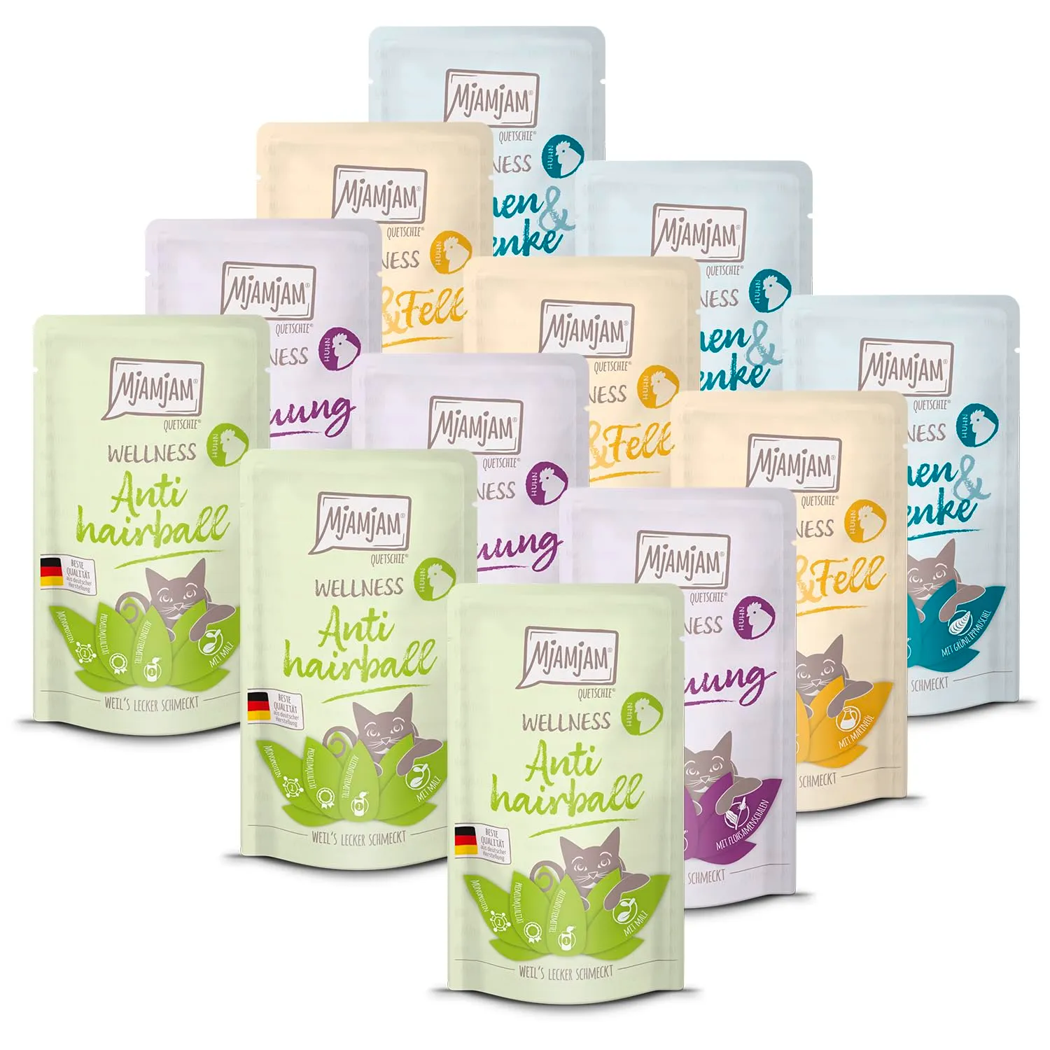MjAMjAM - Cibo umido premium per gatti - Wellness Wellness Pack pollo, confezione da 12 (12 x 125g), senza cereali con carne extra - immagine 1