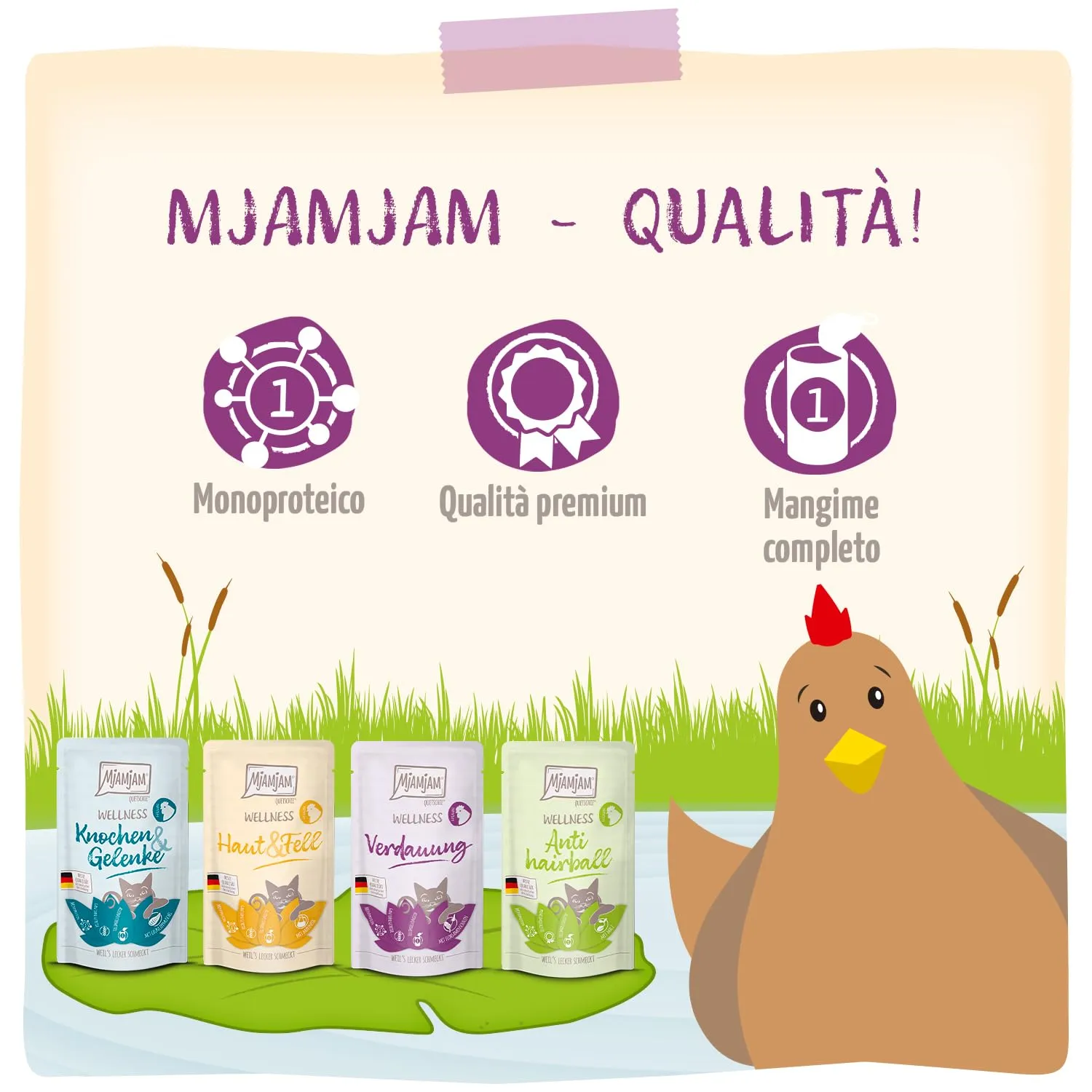 MjAMjAM - Cibo umido premium per gatti - Wellness Wellness Pack pollo, confezione da 12 (12 x 125g), senza cereali con carne extra - immagine 5