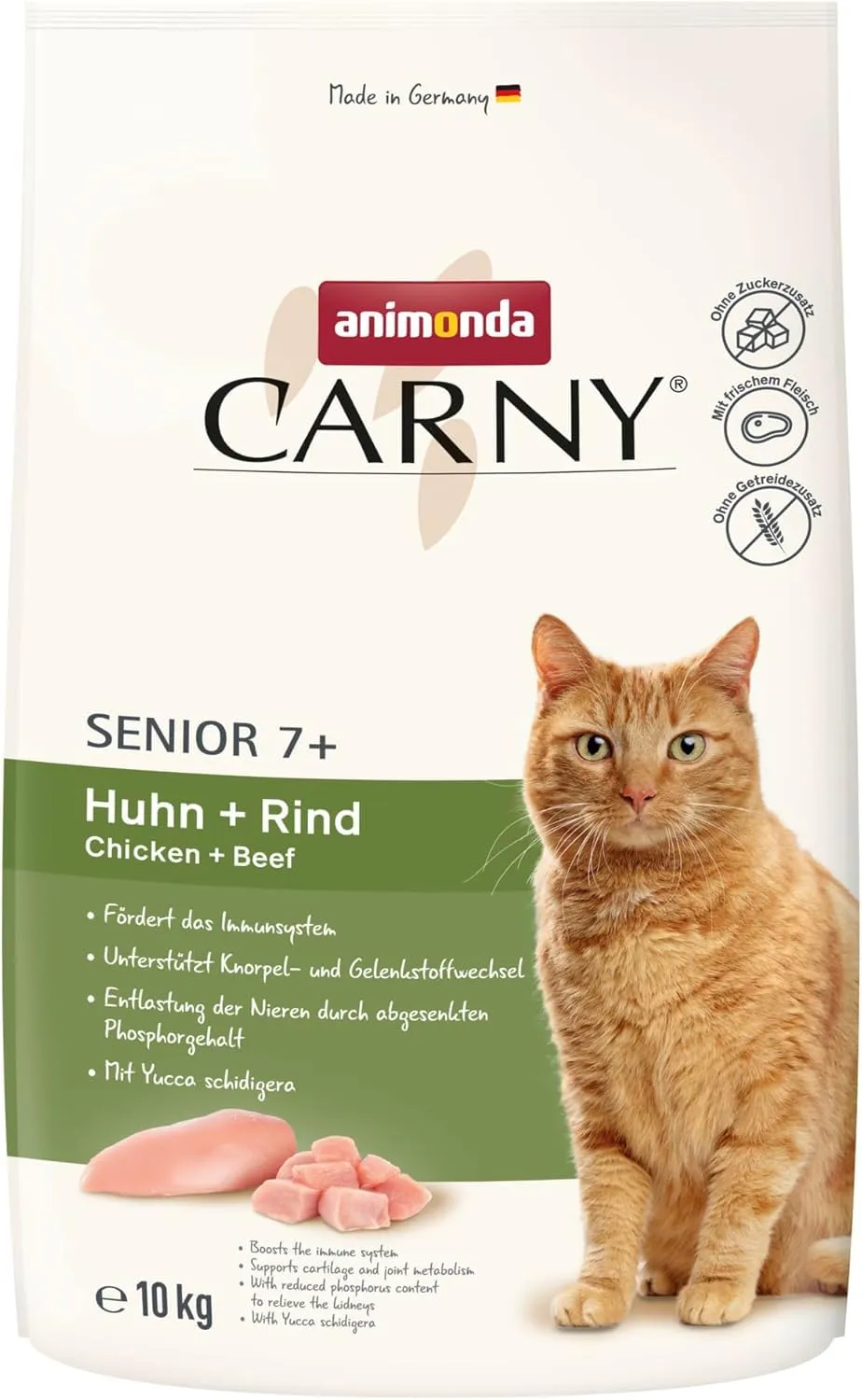 animonda Carny Cibo secco per gatti con pollo + manzo (1 x 10 kg), cibo secco per gatti anziani senza zucchero e cereali, con molta carne fresca di pollo e proteine bovine - immagine 1